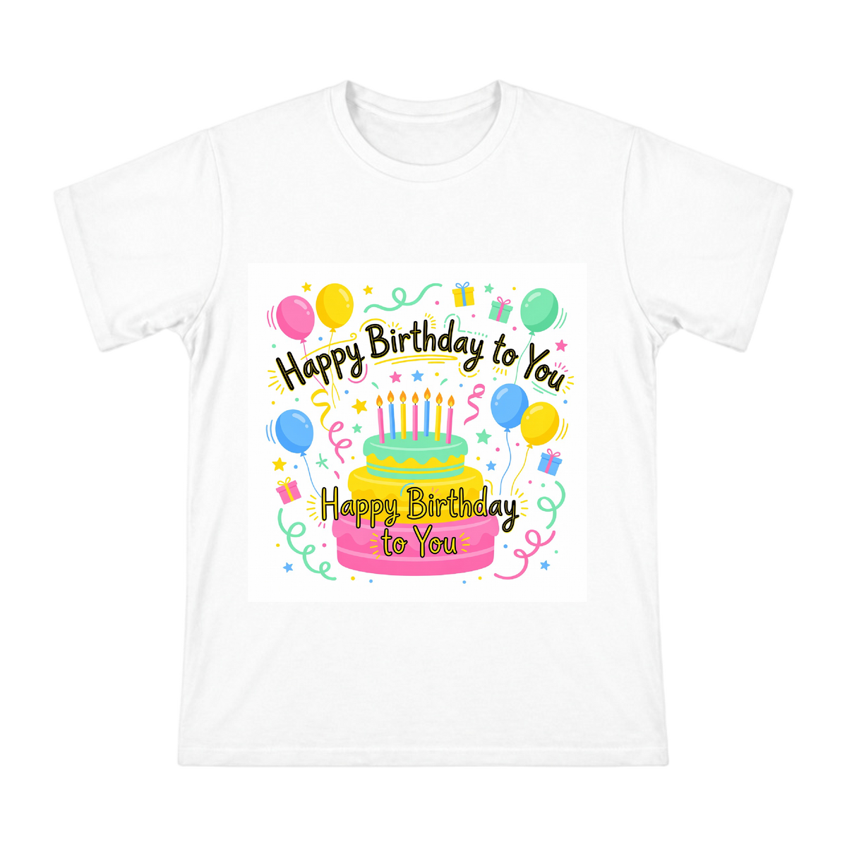 Happy Birthday Cake and Balloons Illustration Men's Cotton T-Shirt front [ai-pod:7c21f5581bf43f3d289d6bf1f0ce03fc]
