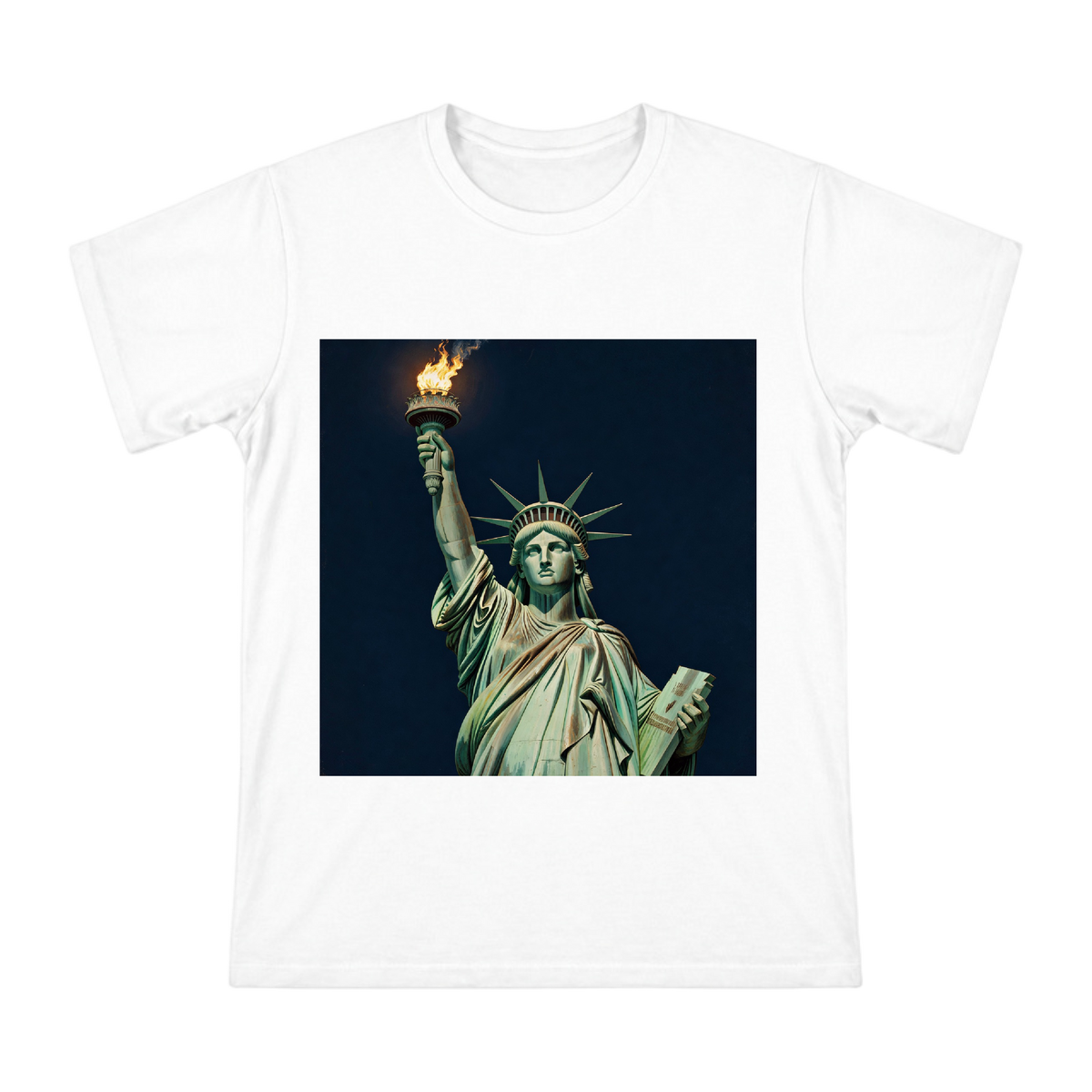 Statue of Liberty Torch Close-up Print on Men's Cotton T-shirt front [ai-pod:b1a9b734f074e19800f571ac68283ceb]