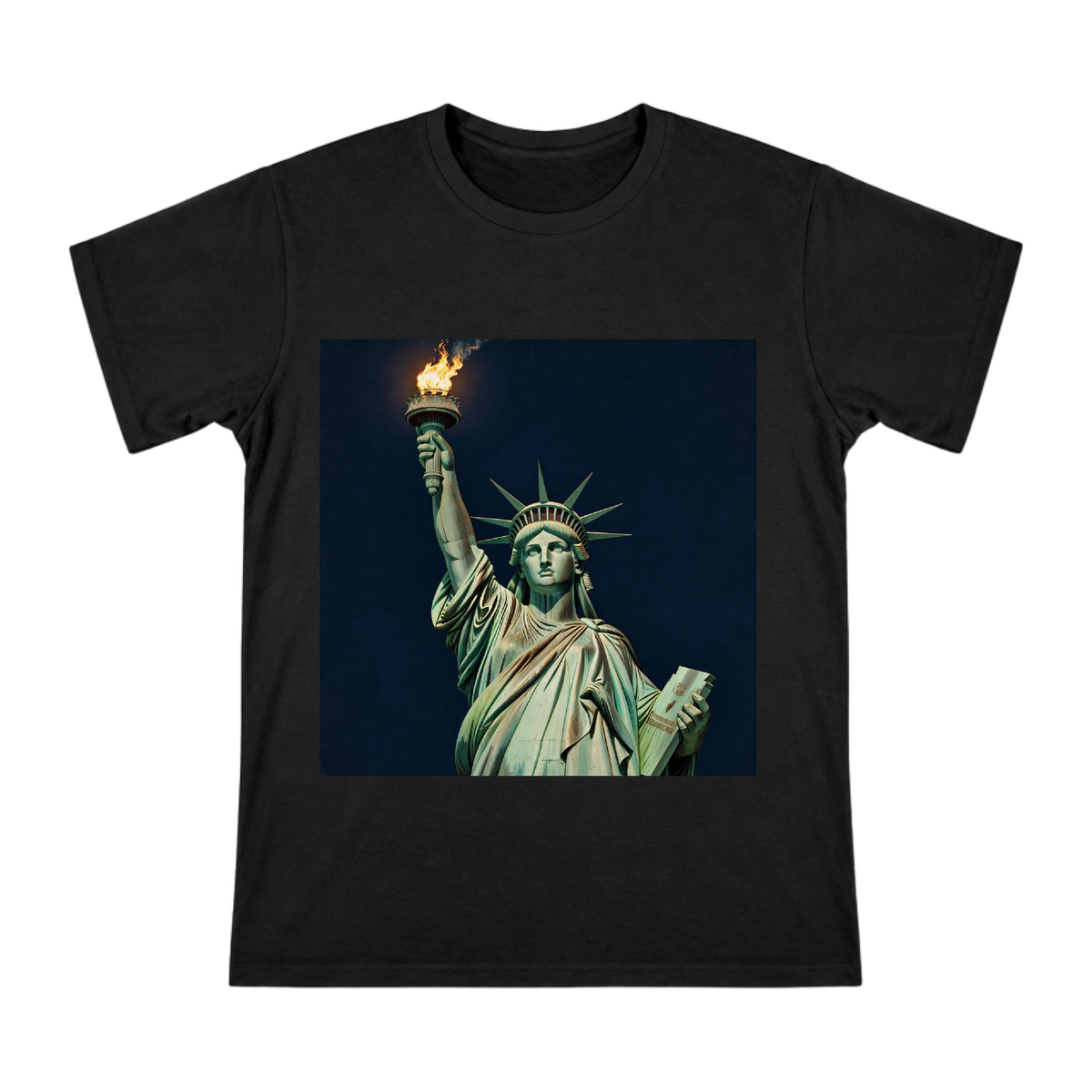 Statue of Liberty Torch Close-up Print on Men's Cotton T-shirt front [ai-pod:a04e871401fd49da67e7780547a0e42a]