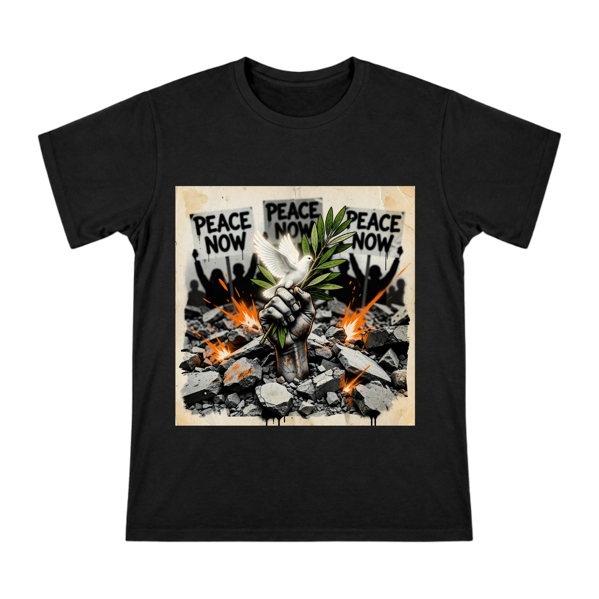 Peace Olive Branch and White Dove in Rubble Men's Custom Short Sleeve T-Shirt front [ai-pod:b9eca75499f0eaa8b516419f634b5071]