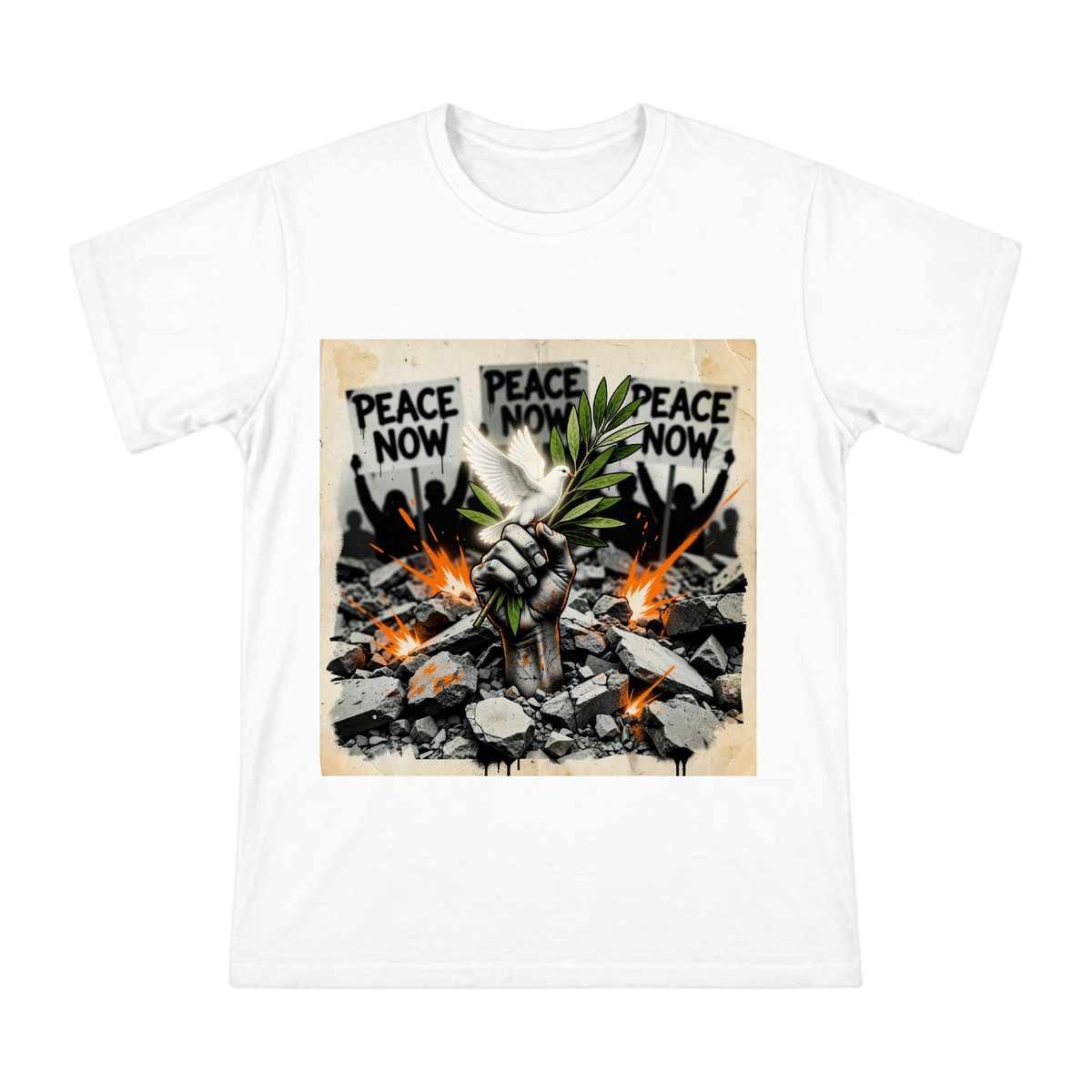 Peace Olive Branch and White Dove in Rubble Men's Custom Short Sleeve T-Shirt front [ai-pod:19545f0b0a3e073912f505559e6ce2c2]
