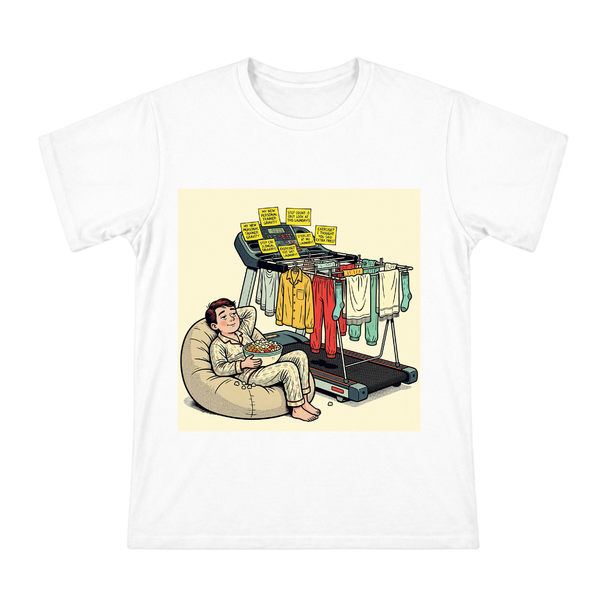 Retro Comic Treadmill Laundry Scene Men's Custom Graphic Tee front [ai-pod:c1fc384b3e92104aa7d354a5c4267f3b]