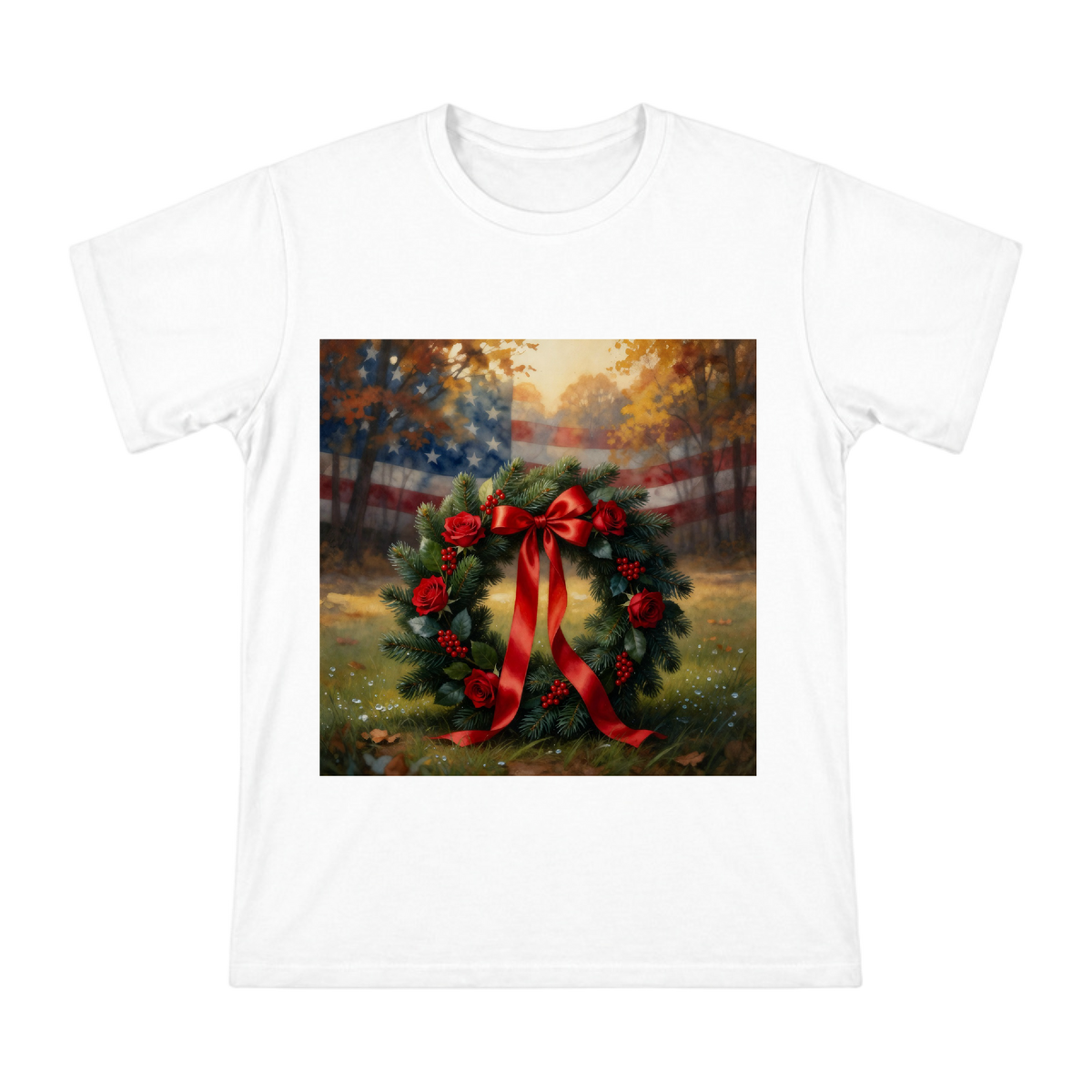 Christmas Pine and Rose Wreath Men's Custom T-Shirt front [ai-pod:5207b28b81e6e84aa05b4e68076649c8]