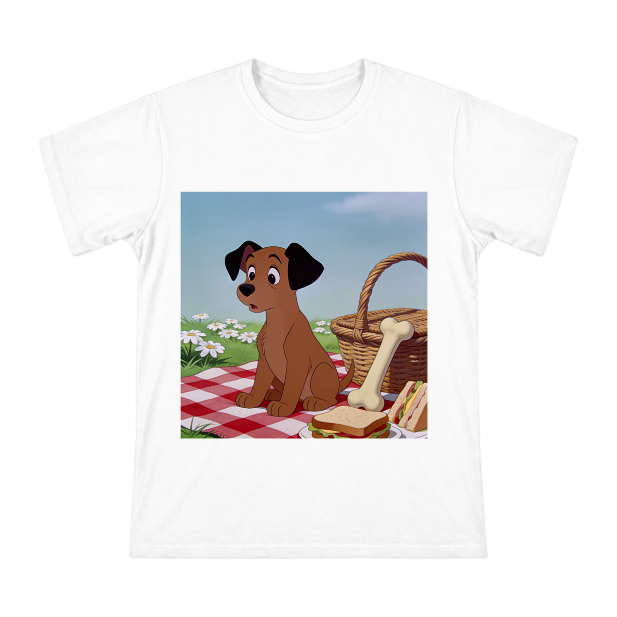 Vintage 1930s Cartoon Dog Sitting on Checkered Blanket Men's Cotton T-Shirt front [ai-pod:4fda9ab000ca093592f4560b59bec111]