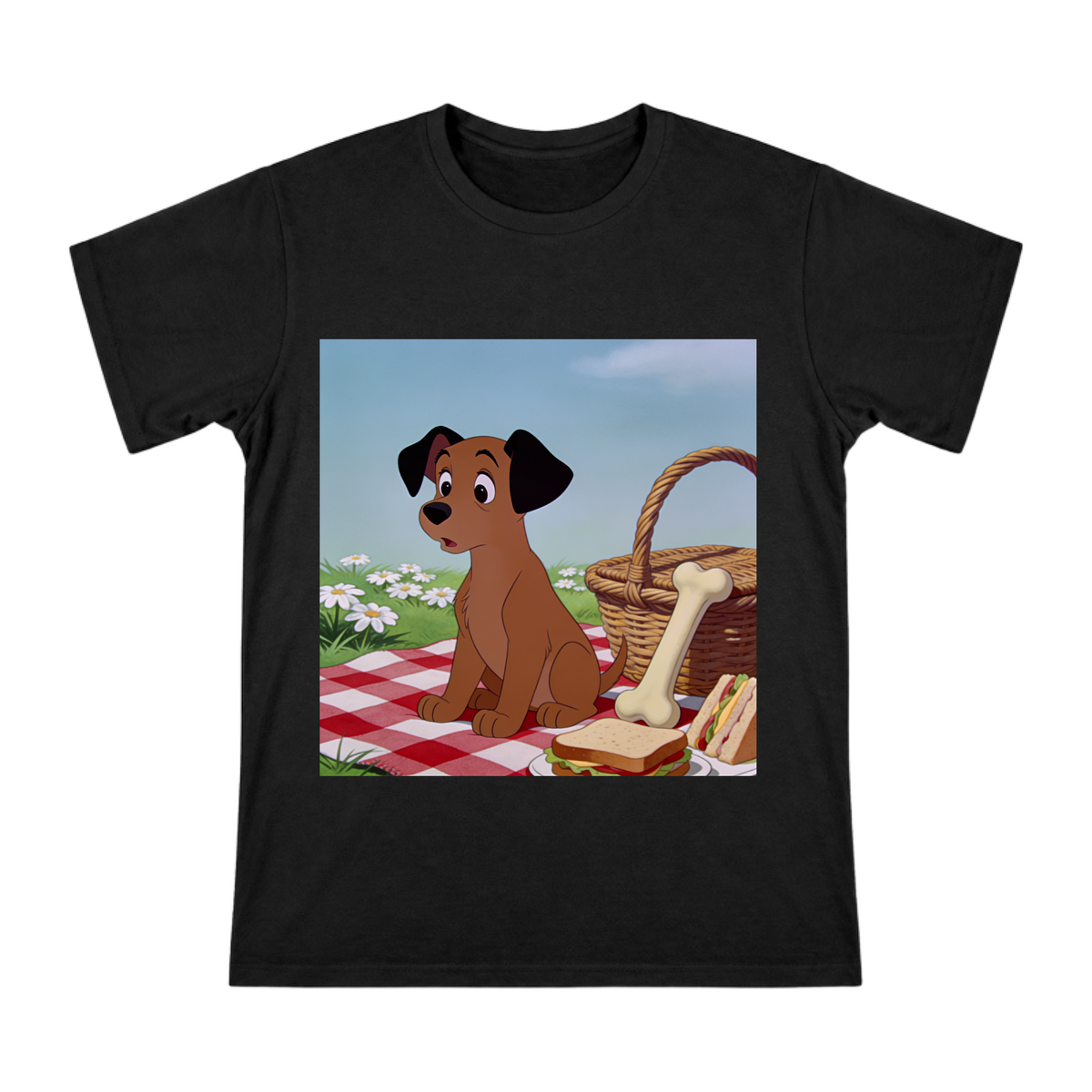 Vintage 1930s Cartoon Dog Sitting on Checkered Blanket Men's Cotton T-Shirt front [ai-pod:8d2fa494ec4d3c5fee437b97f8562444]