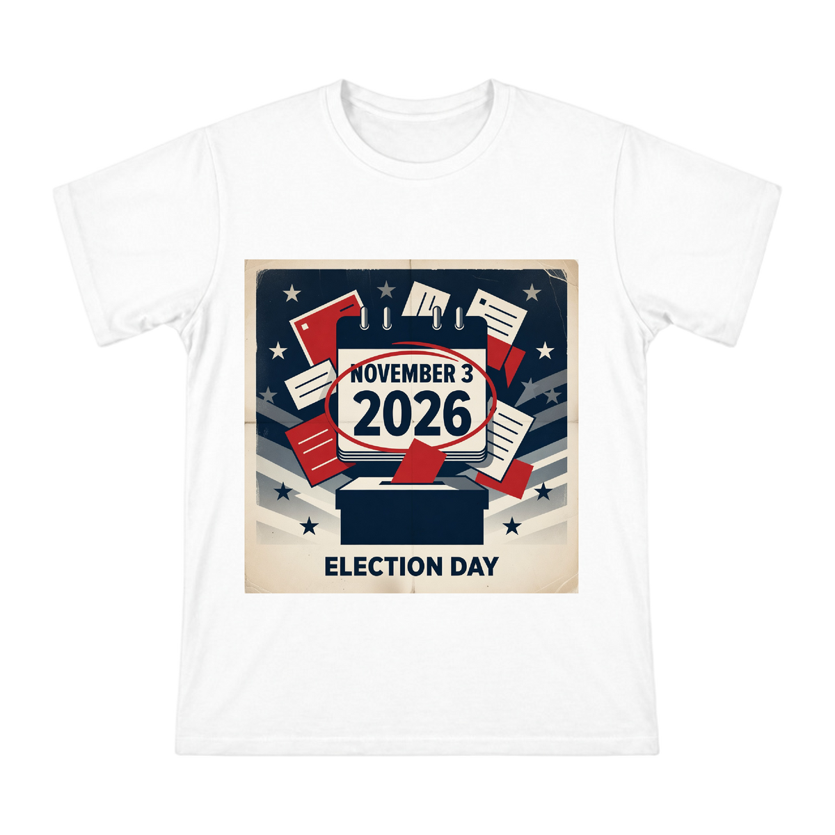 2026 Election Day Vintage Calendar and Ballot Box Illustration Men's Cotton T-Shirt front [ai-pod:3b13df752d33cbfa474e45633716834a]