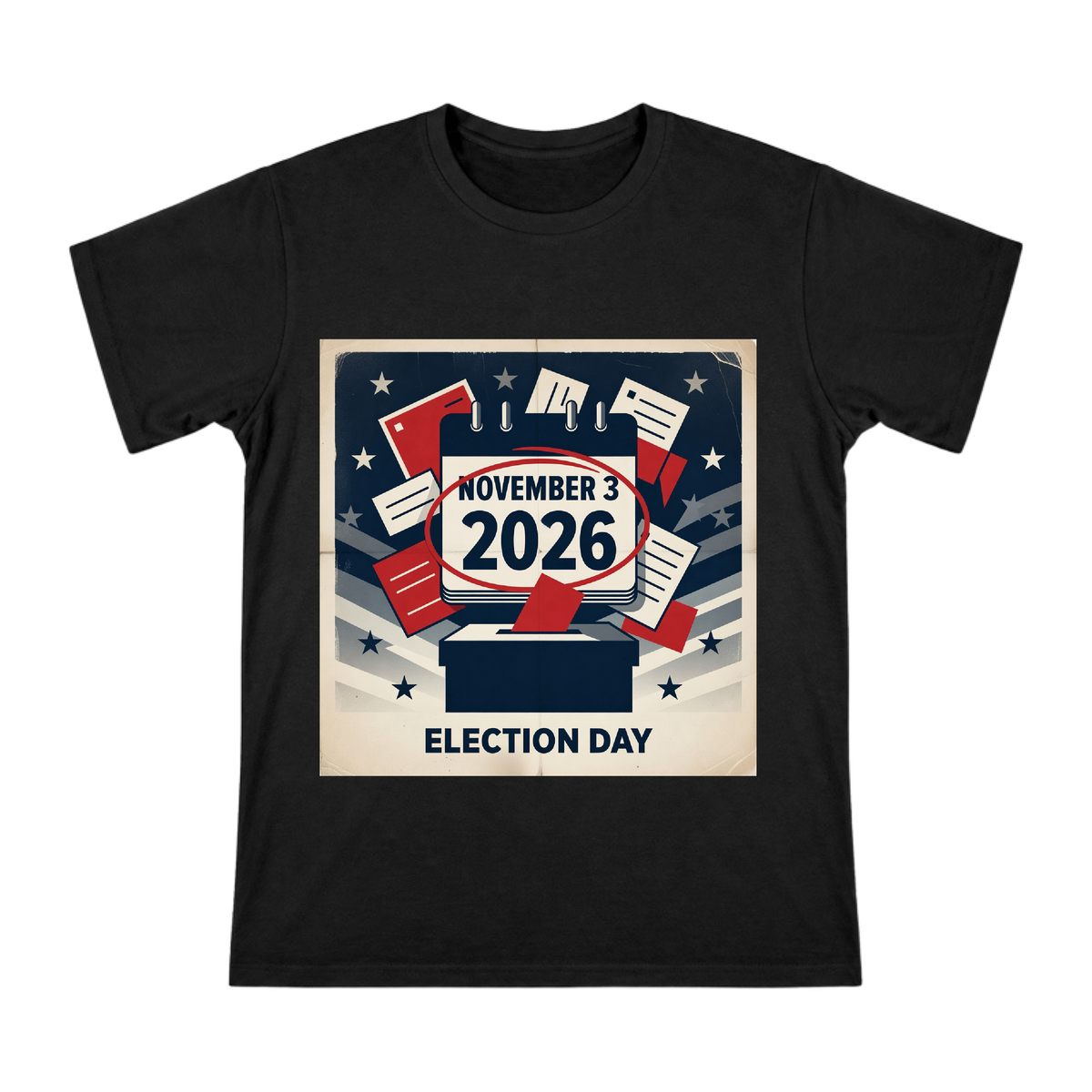 2026 Election Day Vintage Calendar and Ballot Box Illustration Men's Cotton T-Shirt front [ai-pod:270c9baa1659d412baab8e543ac7746d]