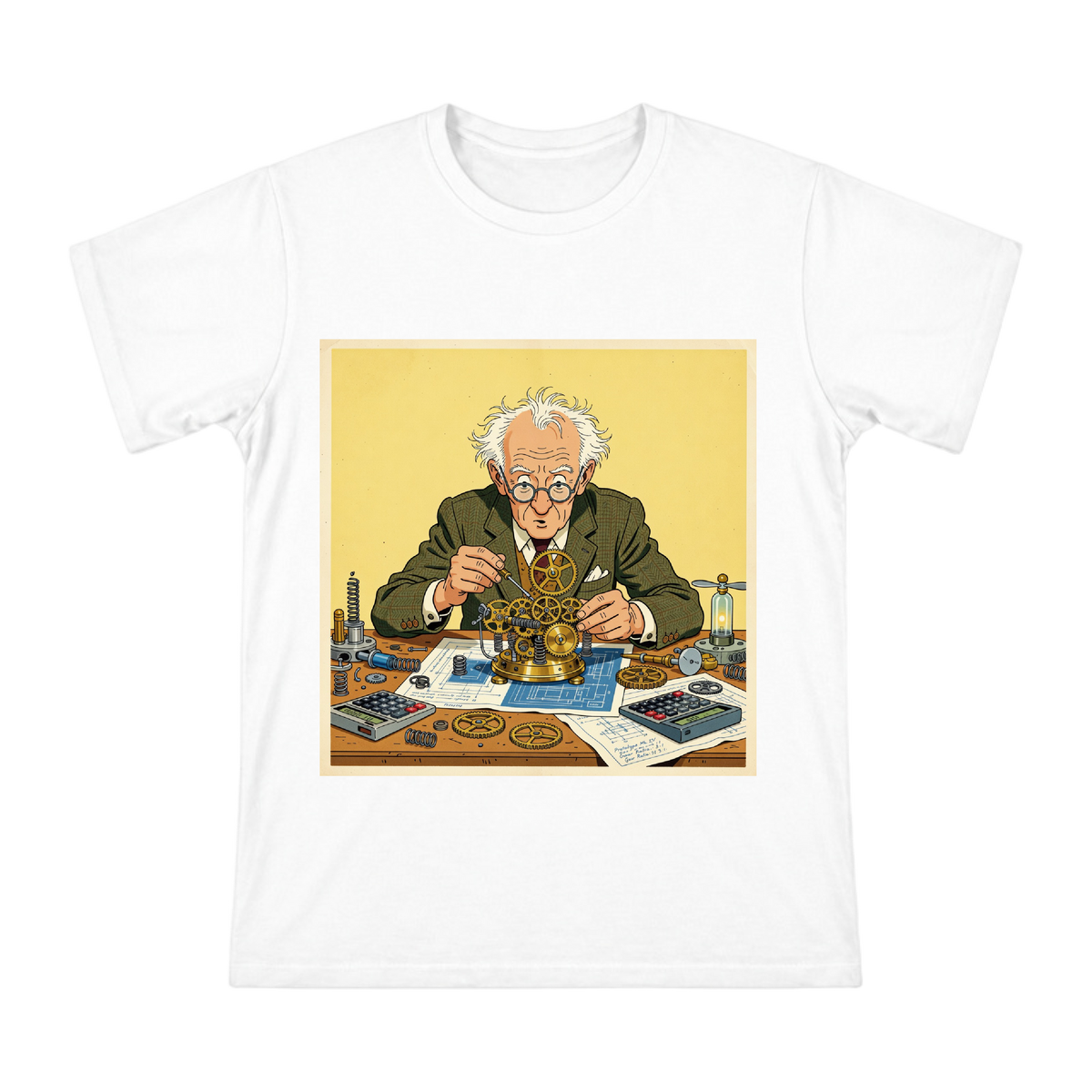 Vintage Comic Scientist Brass Gear Tee front [ai-pod:cbe8edfbdff9b41f3b7dd6db7231ea97]
