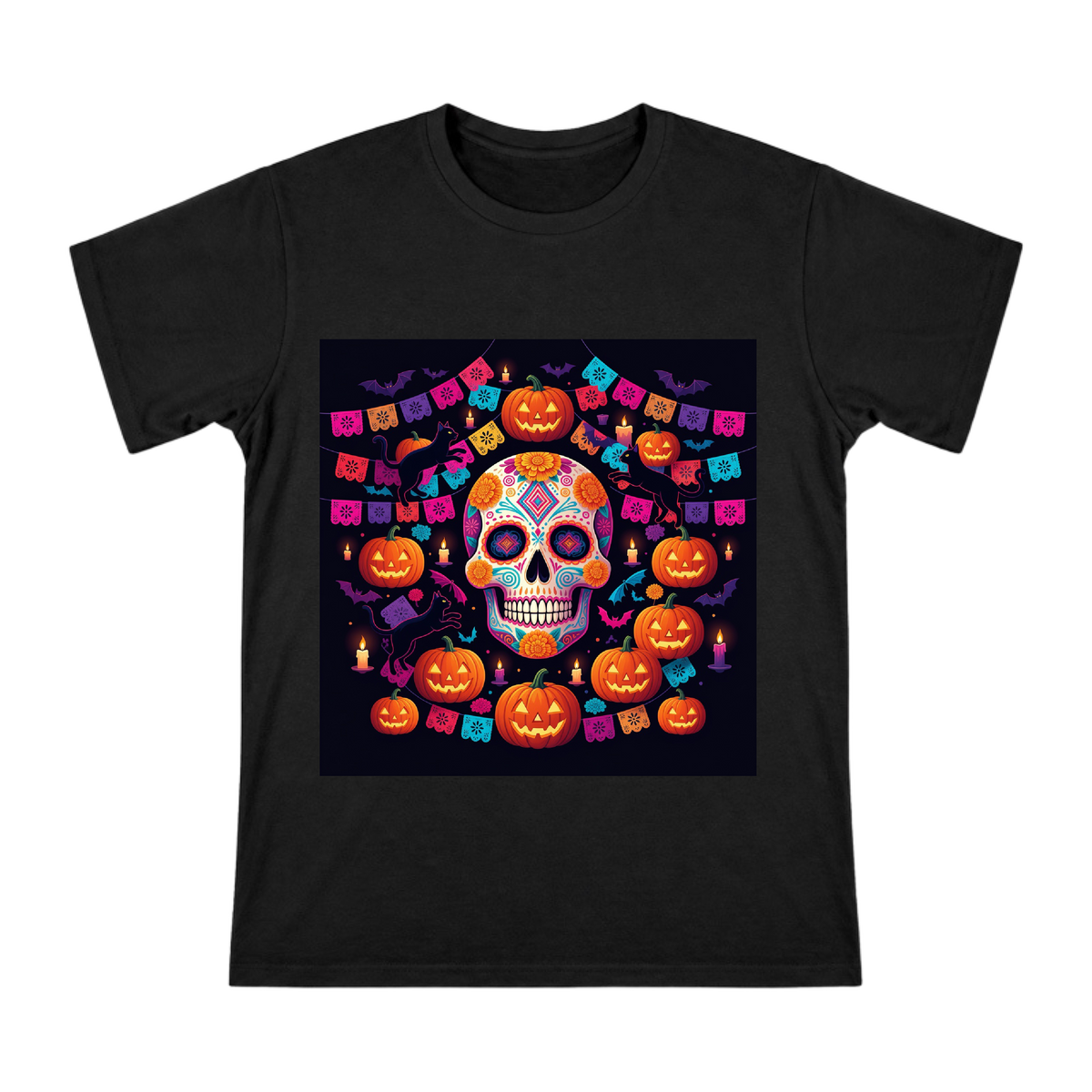 Day of the Dead Sugar Skull with Pumpkin Lanterns Men's Cotton T-Shirt front [ai-pod:1b40993a2f598743459f8163acaa0511]