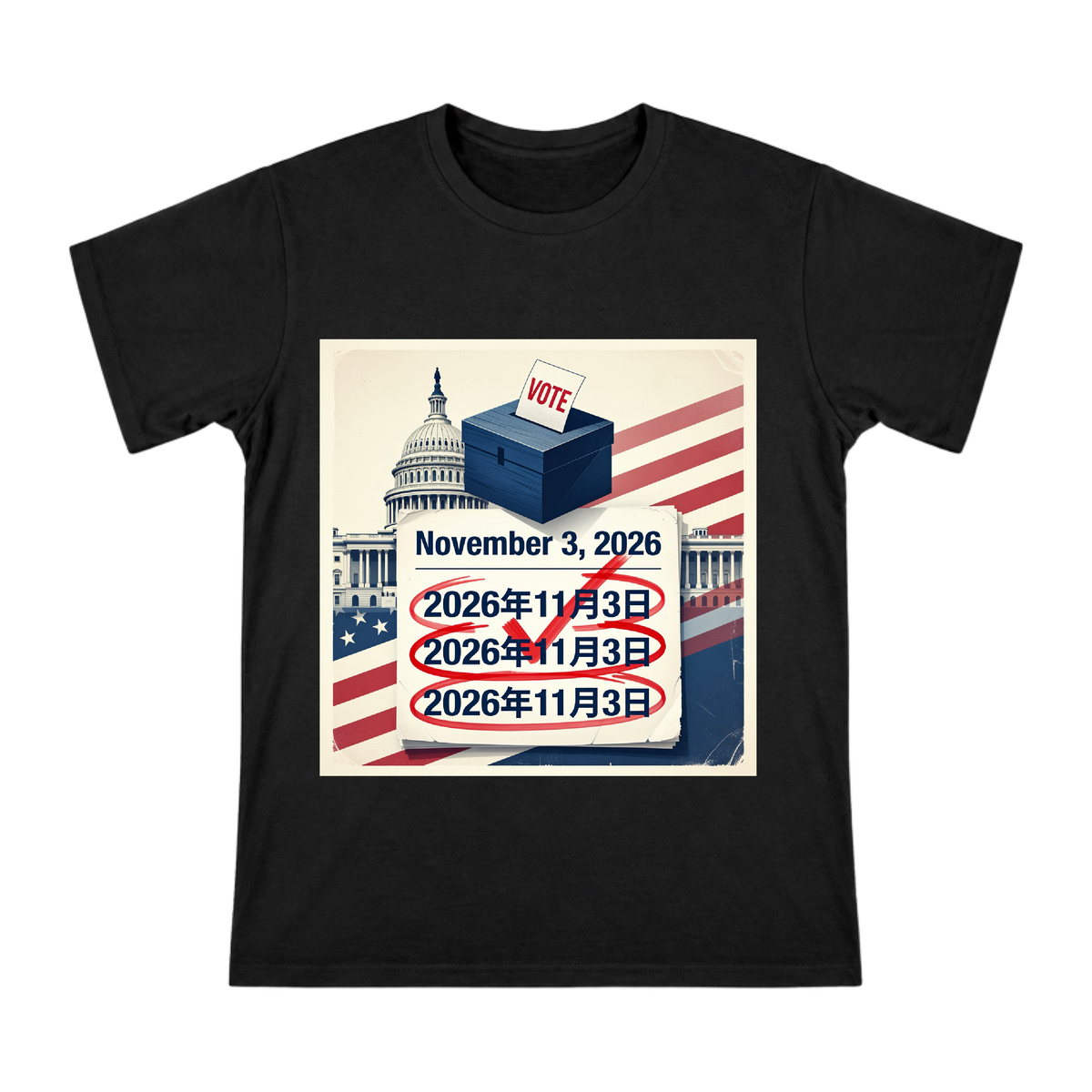 2026 Election Day Retro Calendar and Ballot Box Illustration Men's Short Sleeve T-Shirt front [ai-pod:963846812a4e2e2eac5787f1f4d5b326]