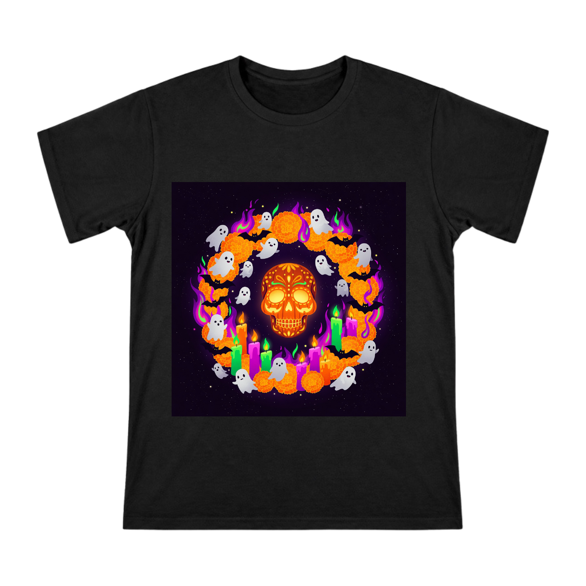 Day of the Dead Sugar Skull with Marigold Wreath and Ghosts Men's Short Sleeve T-Shirt front [ai-pod:afdd5aac05213c6ae3b0fa8b9685fa5a]