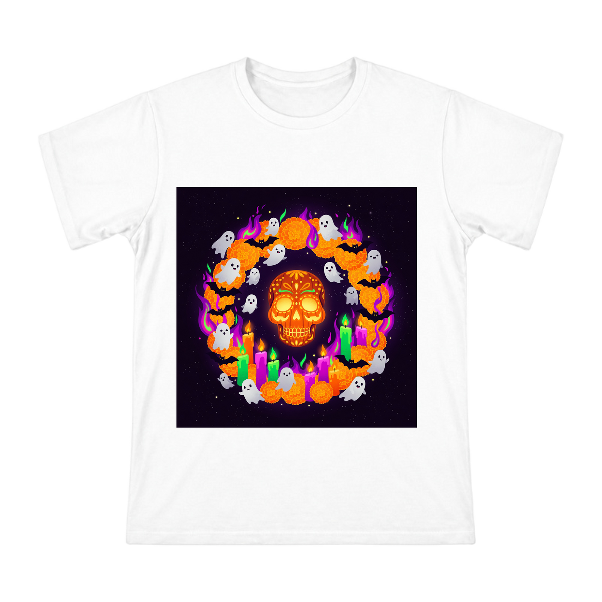 Day of the Dead Sugar Skull with Marigold Wreath and Ghosts Men's Short Sleeve T-Shirt front [ai-pod:c200f29dc4e3a659ca1c2c9f4526da47]