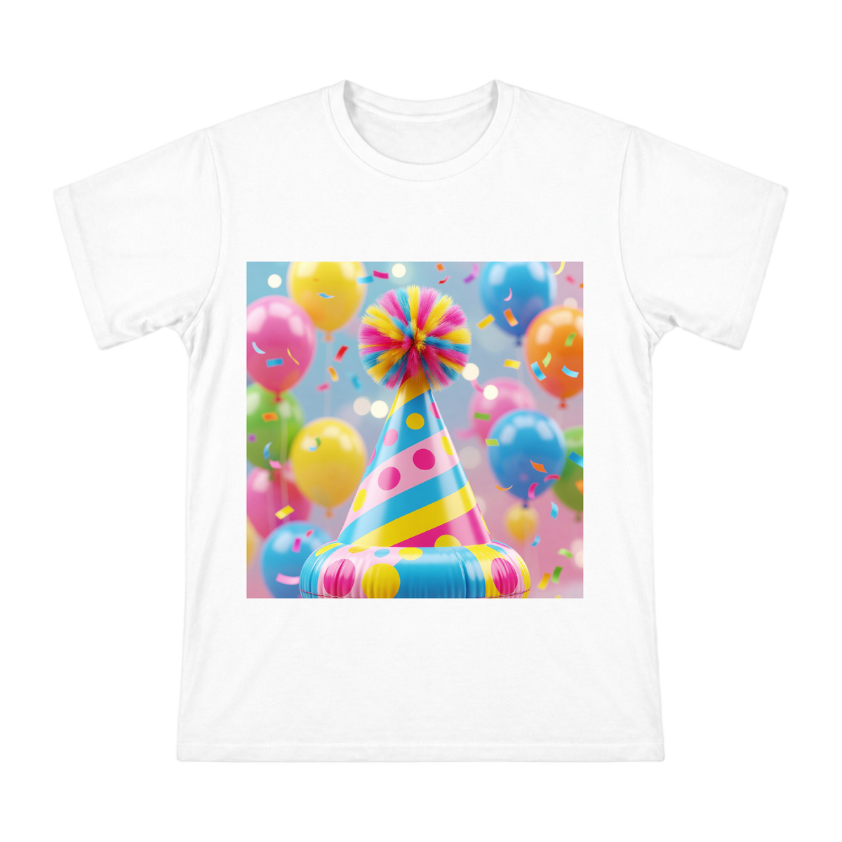 Colorful Polka Dot and Stripe Party Hat Men's Cotton T-Shirt front [ai-pod:af16e4e4e98a7f2b20ee5bbcabd7d38b]