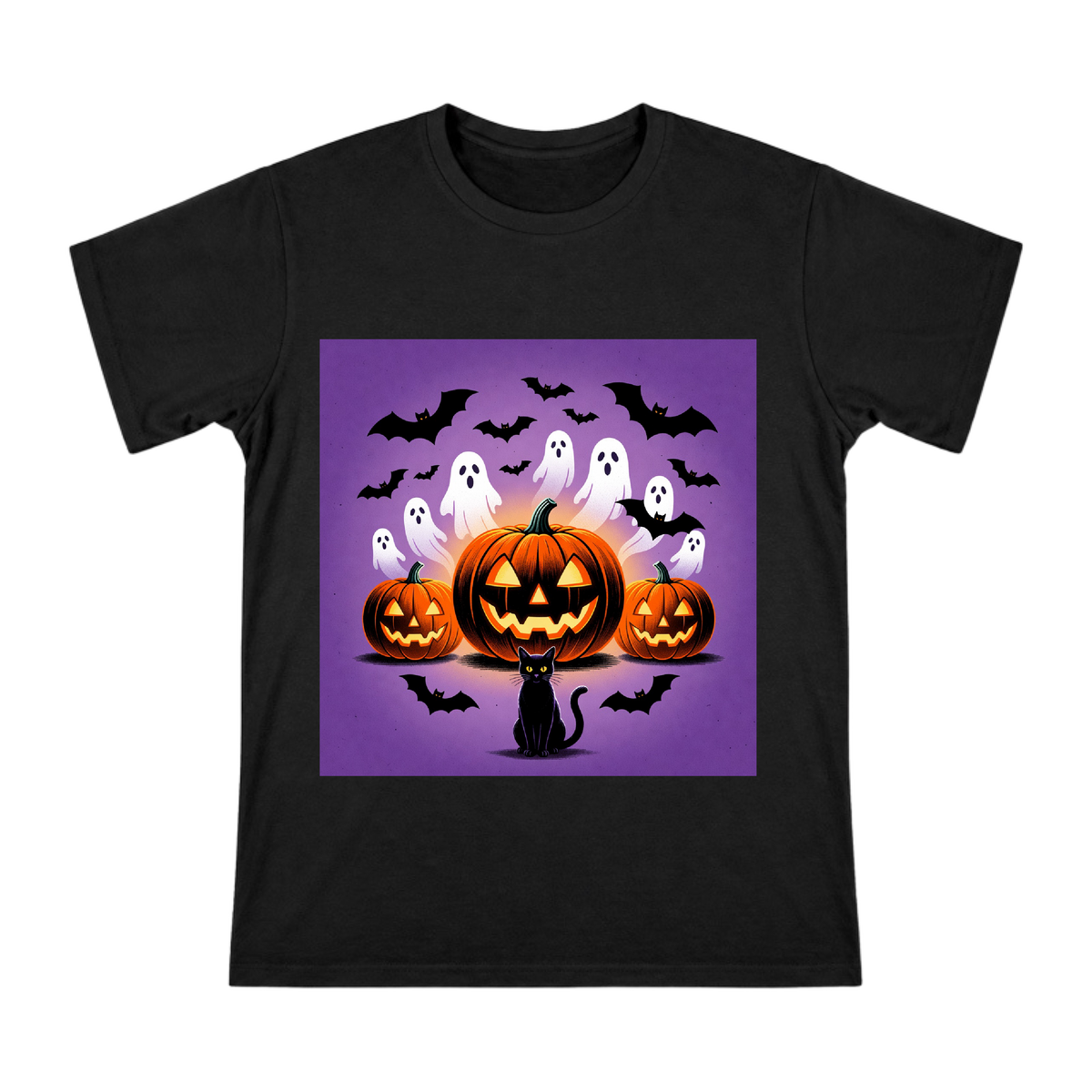 Halloween Jack-O'-Lantern, Ghosts & Bats Graphic T-Shirt front [ai-pod:c5cfd53609b93bb734b091210b40f40c]