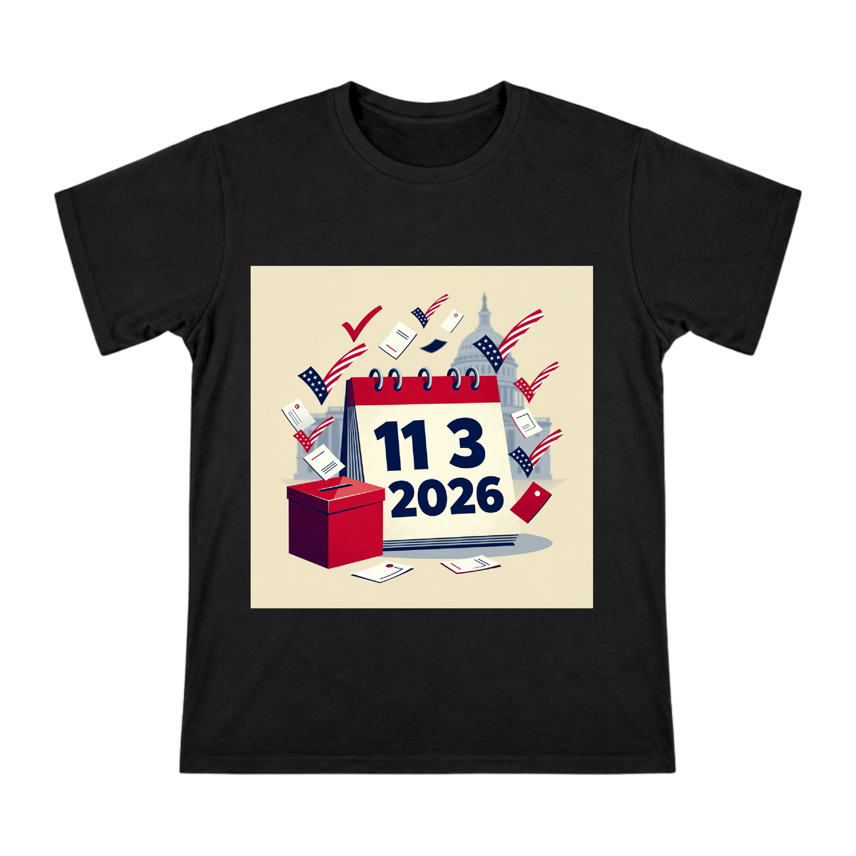 2026 US Midterm Election Calendar and Voting Box Vector Illustration Men's Short Sleeve T-Shirt front [ai-pod:dc0e98847dfd210362ddd80b25d54ed4]