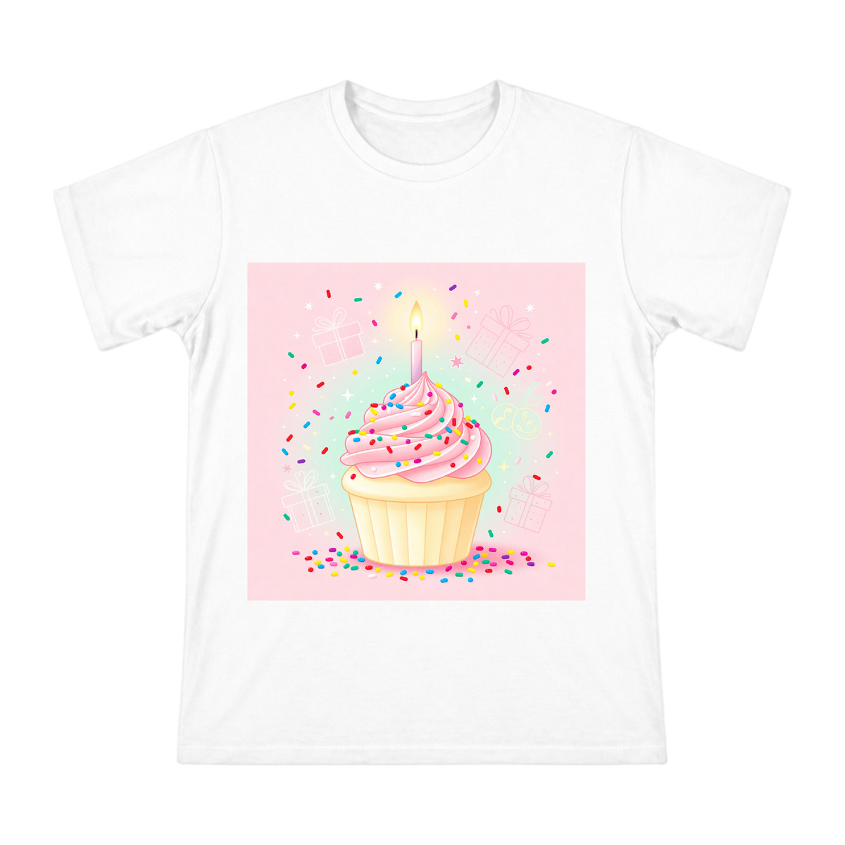 Pink Cream Birthday Cupcake Illustration Men's Short-Sleeve Cotton T-Shirt (Front-Print Only) front [ai-pod:b020fe41647cede5e40cf24669880be4]