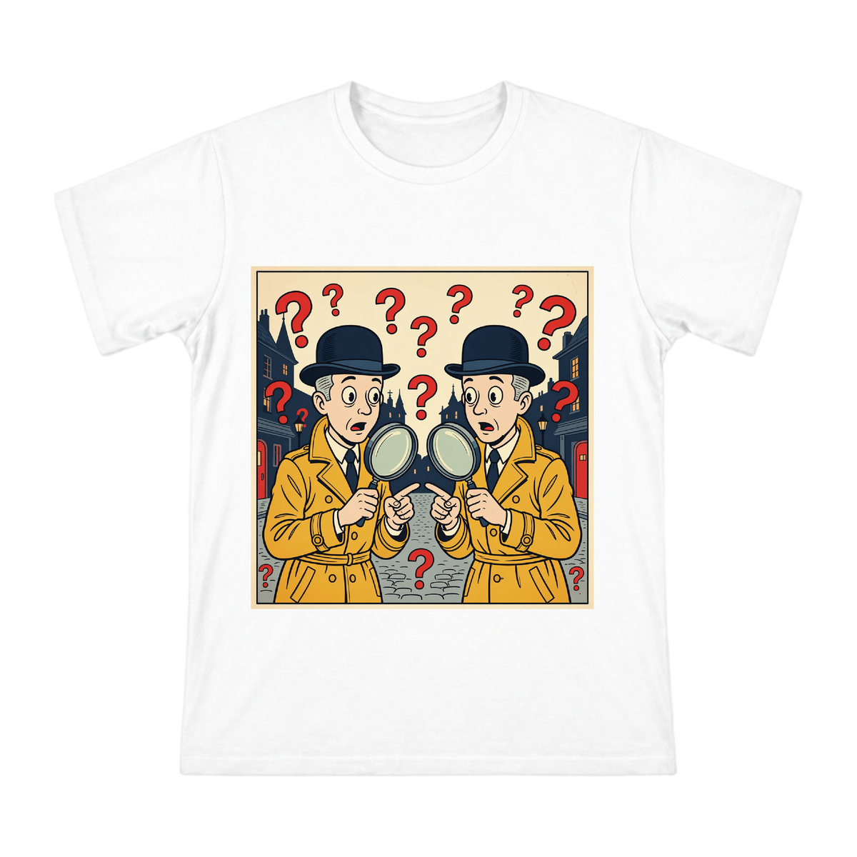 Retro Comic Twin Detectives with Red Question Marks Men's T-Shirt front [ai-pod:a1c85c5d76cf4fbeb6f76f8918dfcc6c]