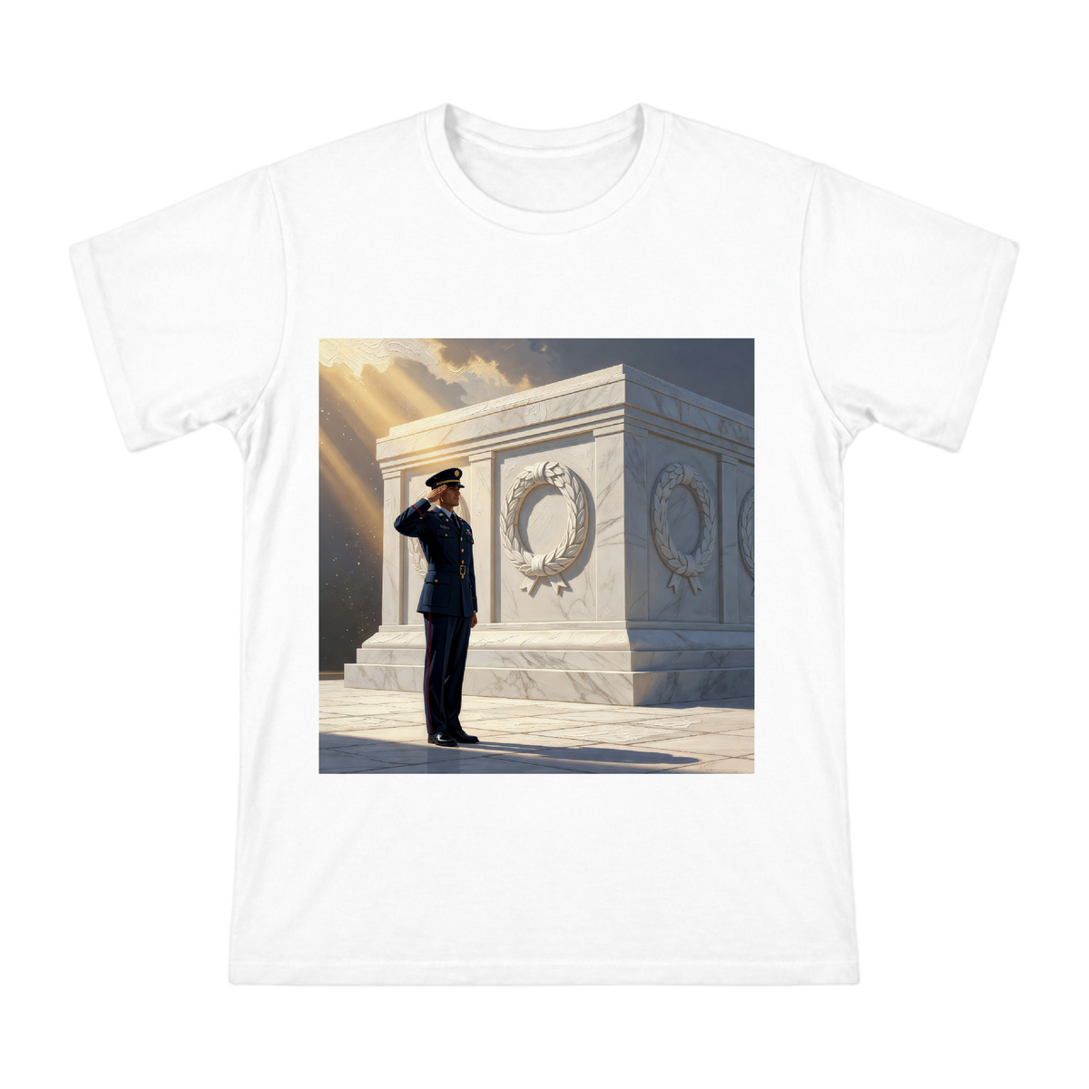 Saluting Soldier in Blue Uniform Men's Cotton T-Shirt front [ai-pod:f26bb313aadc759c96407300c61d6a40]
