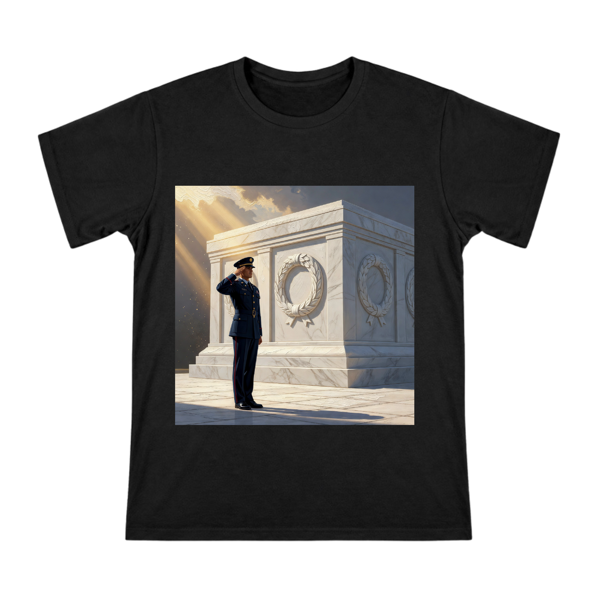 Saluting Soldier in Blue Uniform Men's Cotton T-Shirt front [ai-pod:f708c955be393ab4de25f8b12061b4c0]