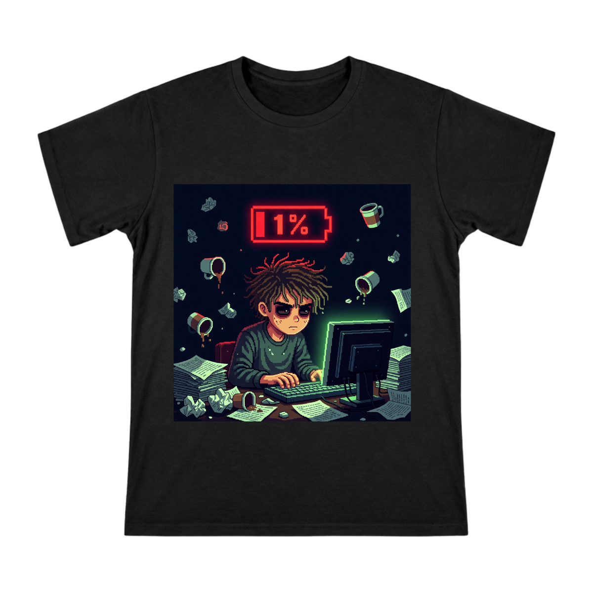 Exhausted Programmer Pixel Art Graphic T-Shirt front [ai-pod:8f34d73716cf50998b65b0820a7fc291]