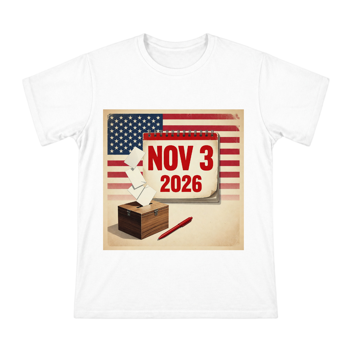 2026 US Midterm Election Retro Calendar and Ballot Box Illustration Men's Short Sleeve T-Shirt front [ai-pod:c56ba67a627e4117231e32c2f64653ff]