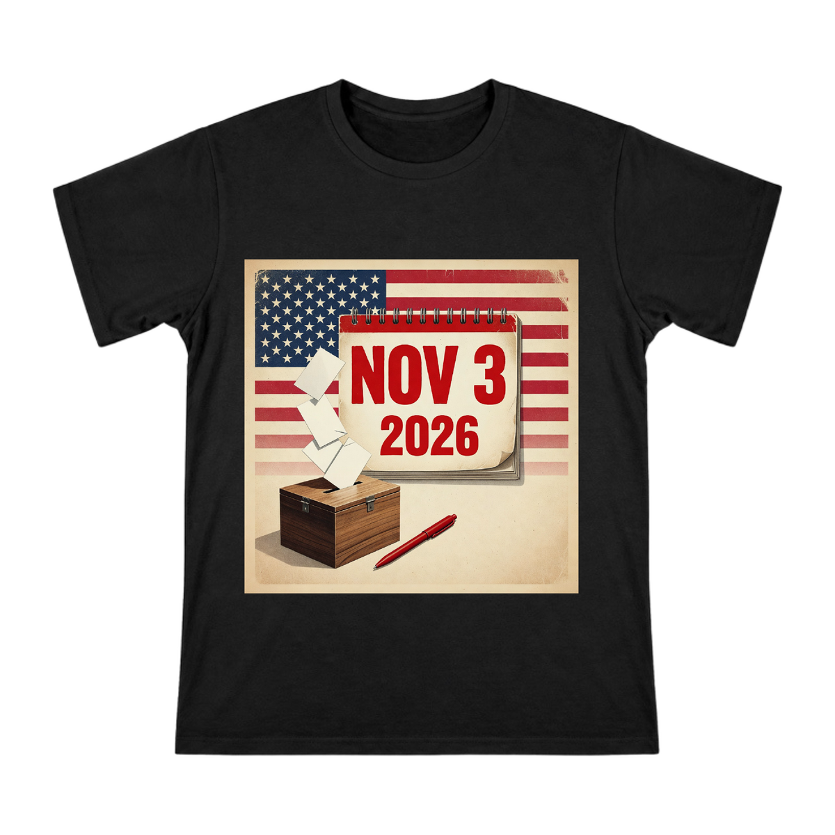 2026 US Midterm Election Retro Calendar and Ballot Box Illustration Men's Short Sleeve T-Shirt front [ai-pod:07ec4b6c4876c3a867dafbe84b2b94a5]