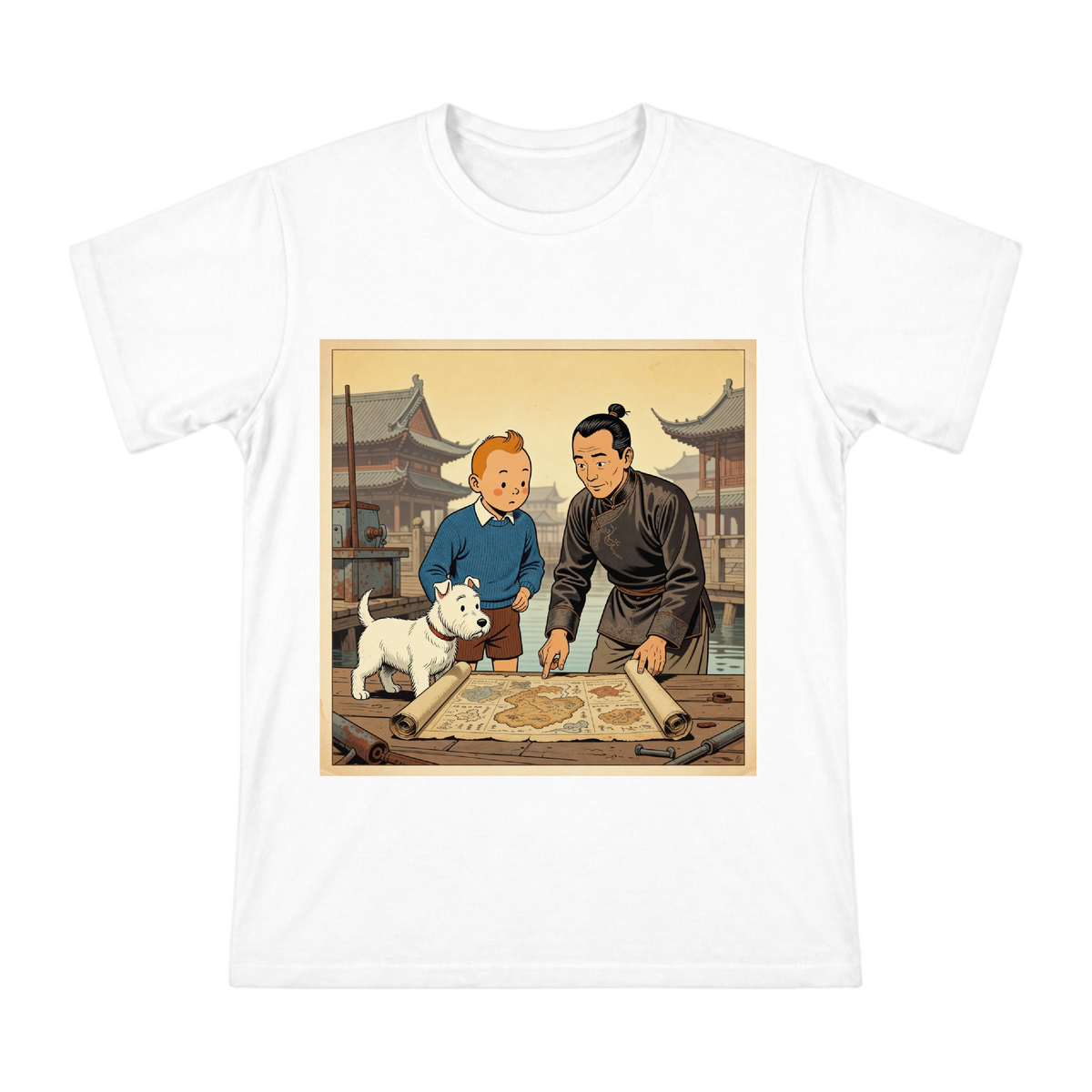 Tintin and Chang Exploring Ancient Map Men's Cotton T-Shirt front [ai-pod:642220247d5e1f4a6ca8ed0b47eaabf9]