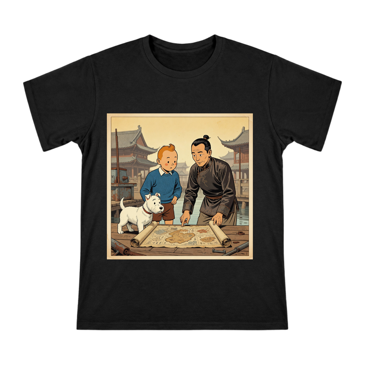 Tintin and Chang Exploring Ancient Map Men's Cotton T-Shirt front [ai-pod:8b6bd0c61b95945b66d084c9f3405a71]