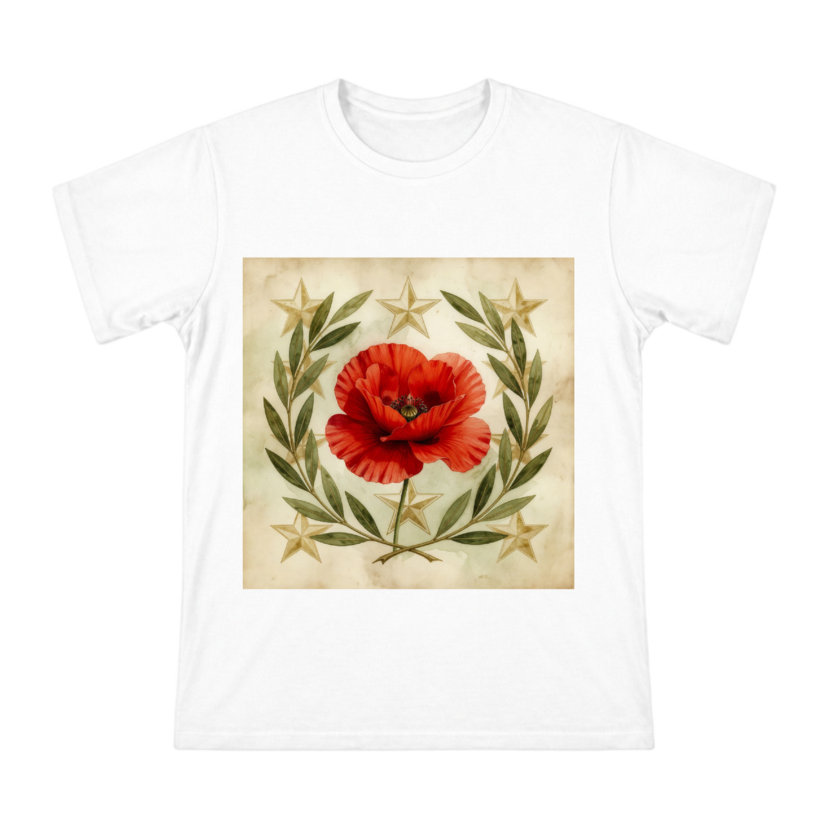 Vintage Watercolor Red Poppy and Olive Branch Men's Custom T-Shirt front [ai-pod:da38f8d237e8423786d87e89ab95b3d5]