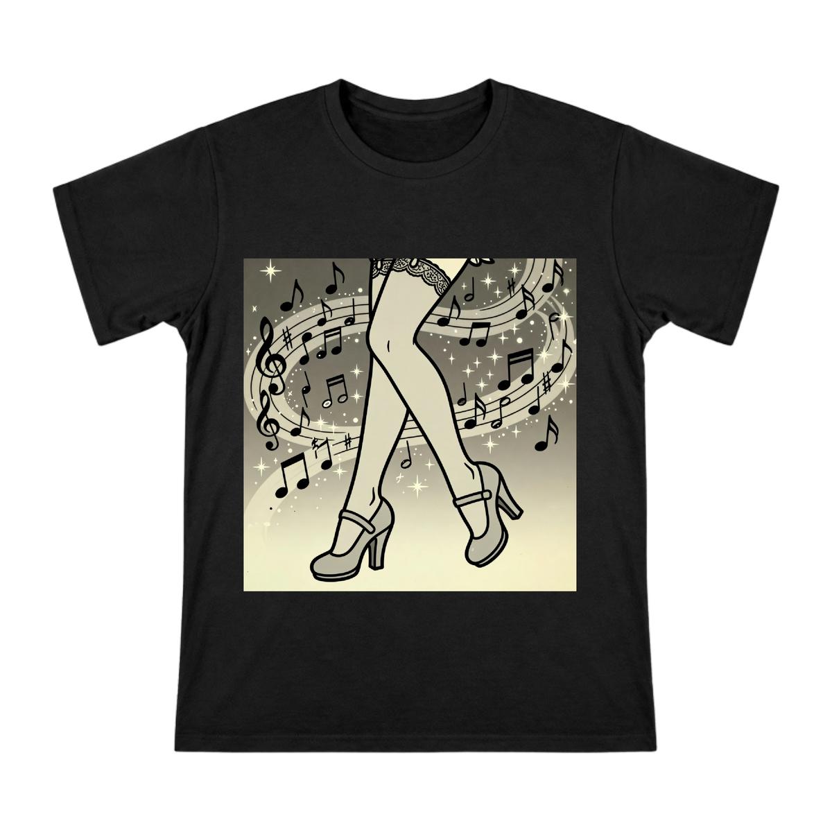 Jazz Age Vintage Mary Jane Legs and Music Notes Art on Men's Short Sleeve Cotton T-Shirt front [ai-pod:ba024a7c6fb92626f301513e12437410]