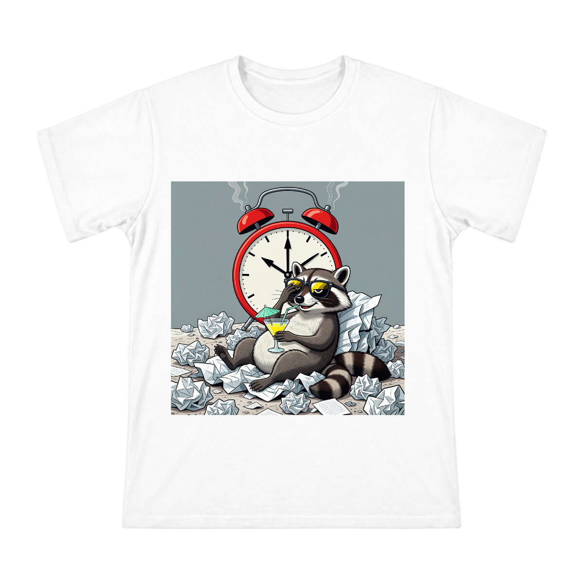 Relaxed Raccoon with Retro Alarm Clock Custom Men's Short Sleeve T-Shirt front [ai-pod:a12b2044523c41f35973045ab4c131b9]