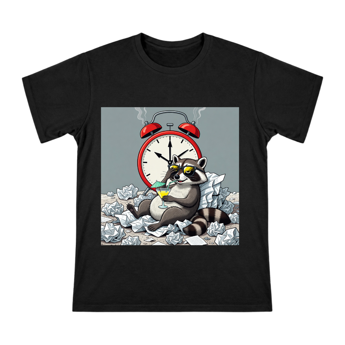 Relaxed Raccoon with Retro Alarm Clock Custom Men's Short Sleeve T-Shirt front [ai-pod:f63c837995bedbc0725e144de4182b19]