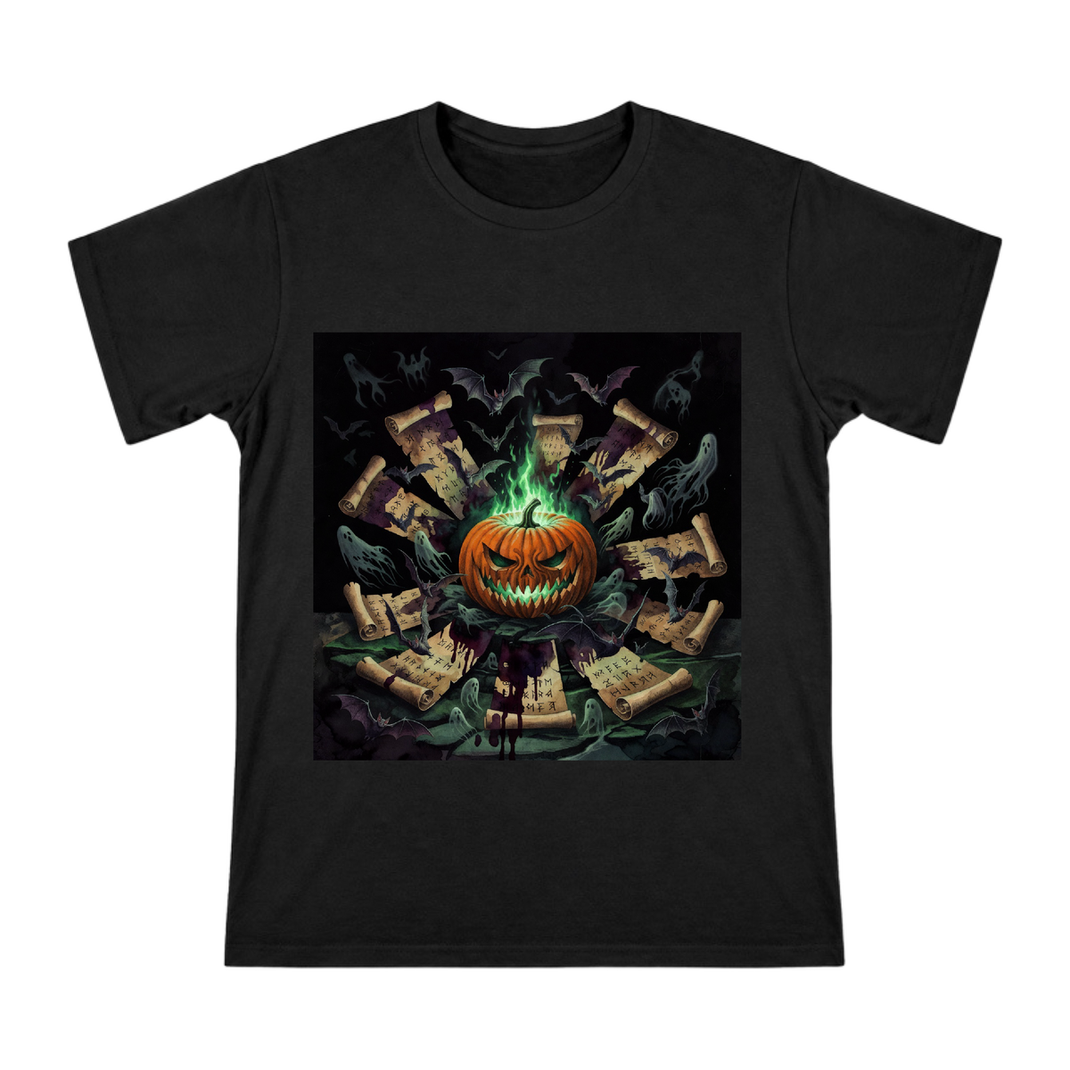 Haunted Green Flame Jack-O'-Lantern & Ancient Spell Scroll T-Shirt front [ai-pod:be4b253ef0f77c43cae32ba4d4456a19]