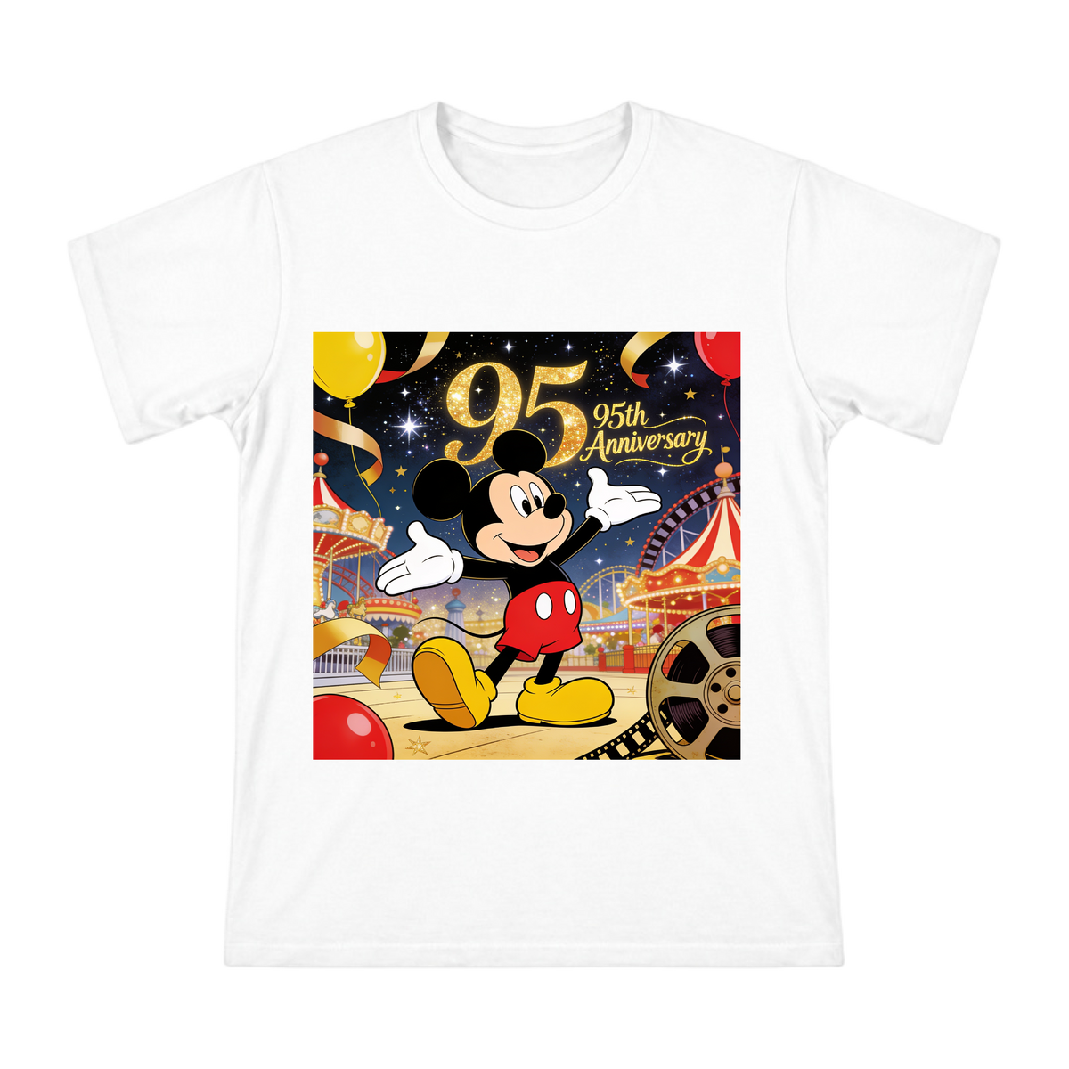 Mickey Mouse Celebration Retro Film T-Shirt front [ai-pod:6ba8c765233b660dab38eba5afad64ad]