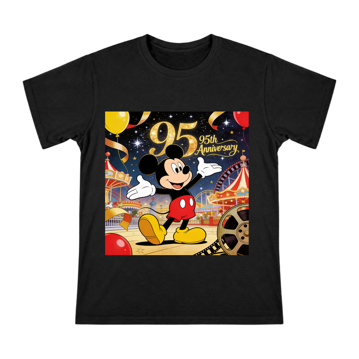 Mickey Mouse Celebration Retro Film T-Shirt front [ai-pod:4e6a77c619aef40ab81a29105a345382]
