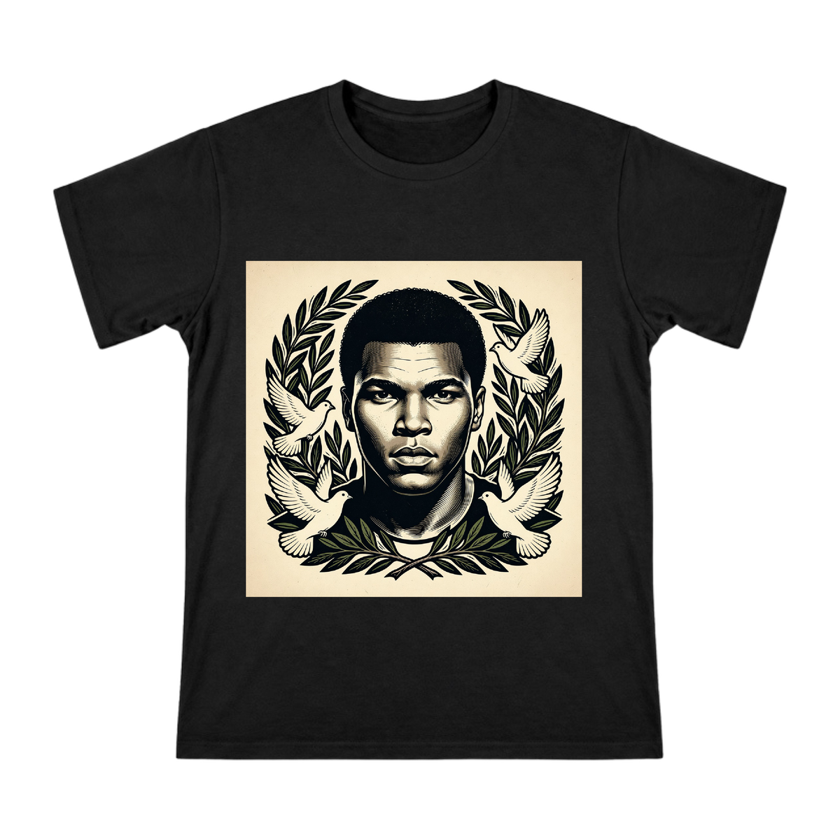 Muhammad Ali Vintage Woodcut Portrait with Olive Branch and Doves Men's Cotton T-Shirt front [ai-pod:1b3eff2c2e90e6b19f548aefe9534dd4]