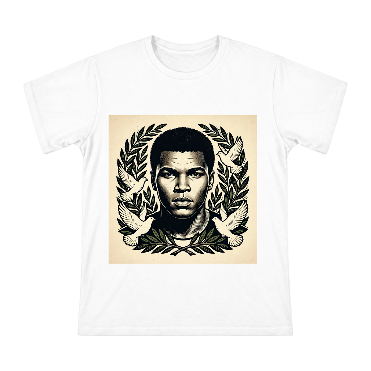 Muhammad Ali Vintage Woodcut Portrait with Olive Branch and Doves Men's Cotton T-Shirt front [ai-pod:4908ea4fee4edd0e17bee0c5b2b8e235]
