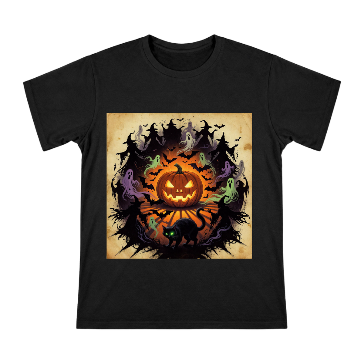 Halloween Pumpkin Jack-o'-Lantern and Black Cat Vintage Illustration Men's Short Sleeve T-Shirt front [ai-pod:e701c6972b4e04a5b84b18d4de915de5]