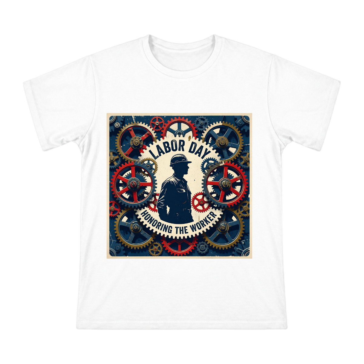 Labor Day Tribute: Vintage Industrial Gear & Worker Silhouette T-Shirt front [ai-pod:76bf1037b1019f9f6390b15972983cba]