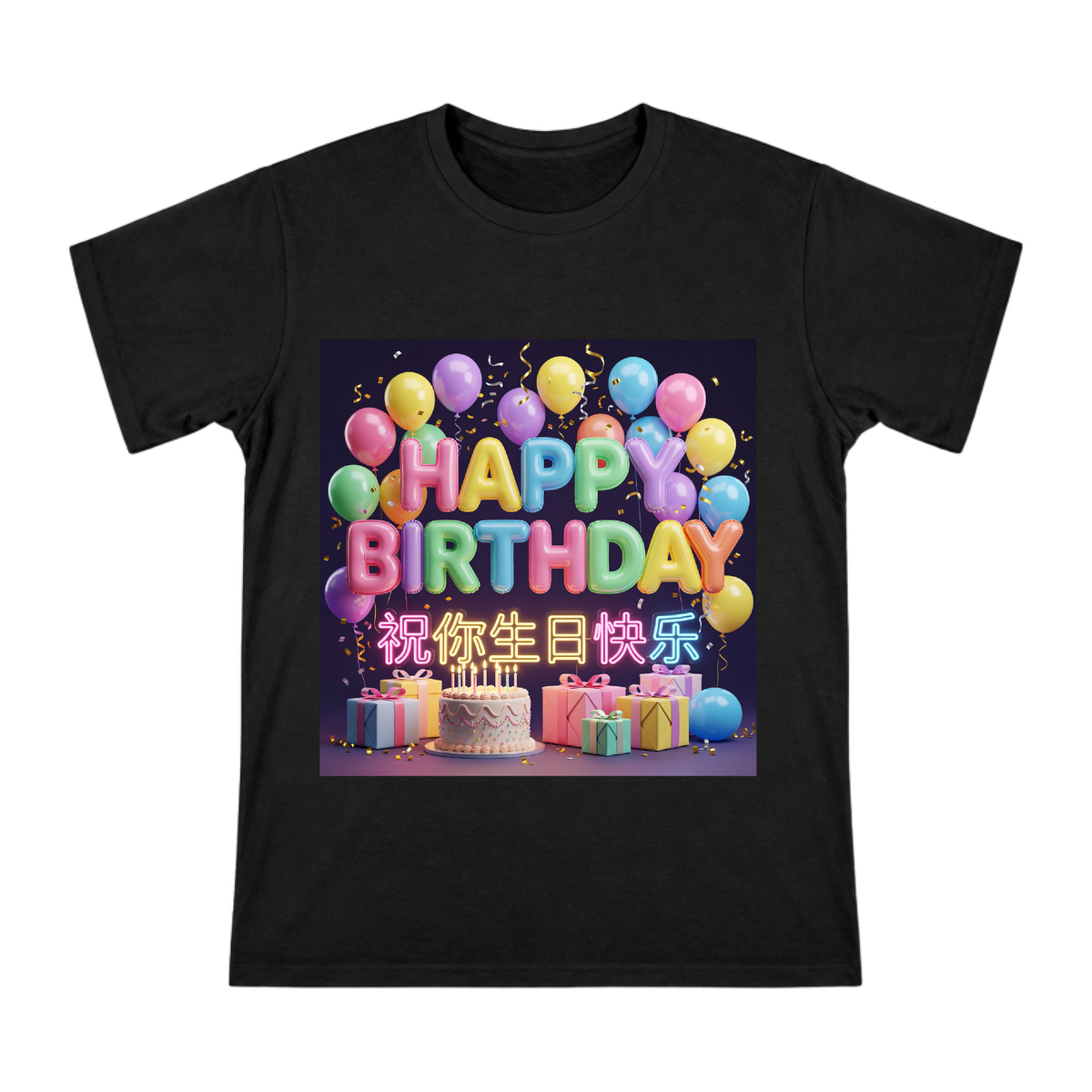 Happy Birthday Neon and Balloons Custom Graphic Men's T-Shirt front [ai-pod:753be6c3e8b1fb82b63e4853c5c570c6]