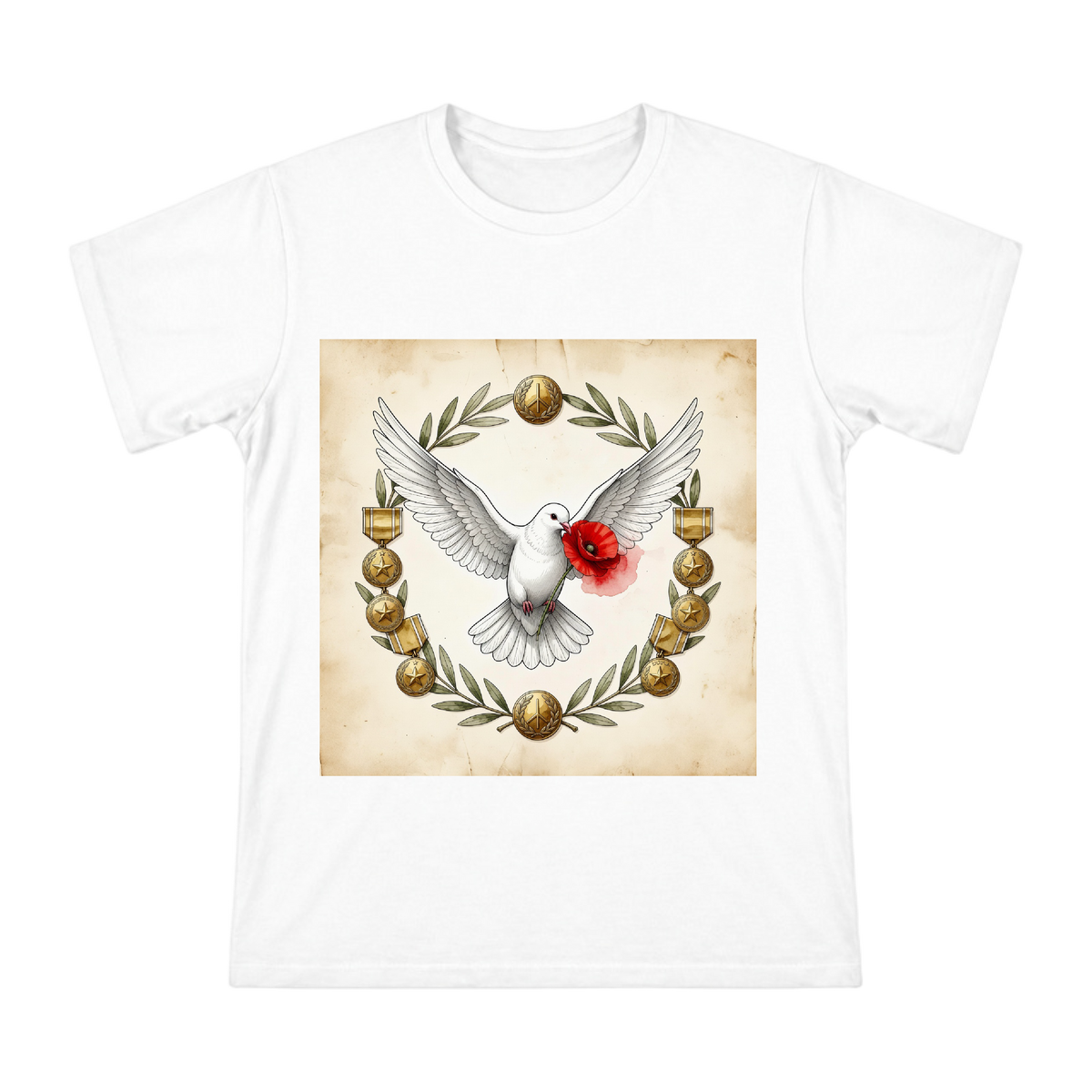 Peace Memorial Dove with Red Poppy and Gold Medal Men's Short Sleeve T-Shirt front [ai-pod:ad12e038a2bbc8e26a88b3b8d51670f3]