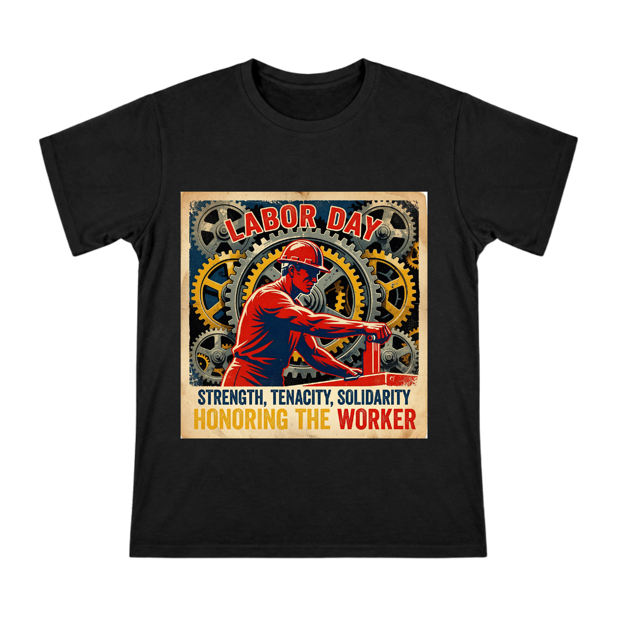 Vintage Industrial Labor Day Worker with Gears Men's Custom Print T-Shirt front [ai-pod:de31c10eb88ead71b6f52dc58b70460d]