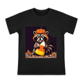 Raccoon in Pumpkin Mask Holding Giant Candy Corn Men's Short Sleeve T-Shirt front [ai-pod:477d3c3a1819e8d74d58ab5c293fbba0]