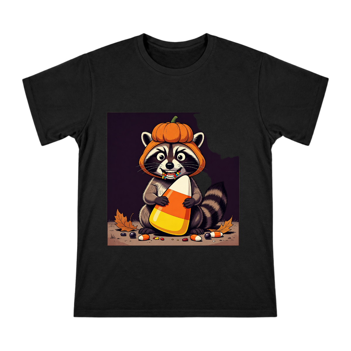 Raccoon in Pumpkin Mask Holding Giant Candy Corn Men's Short Sleeve T-Shirt front [ai-pod:477d3c3a1819e8d74d58ab5c293fbba0]