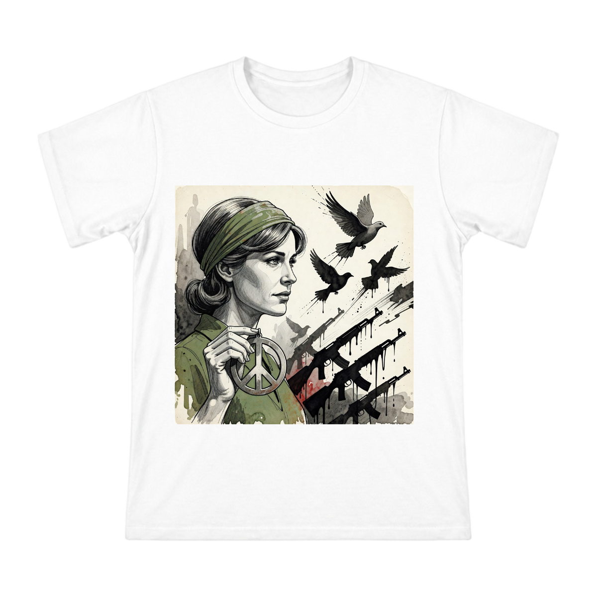1970s Anti-War Peace Portrait Art T-Shirt front [ai-pod:4e1ed777d664b7092c1a3639ddf9e757]
