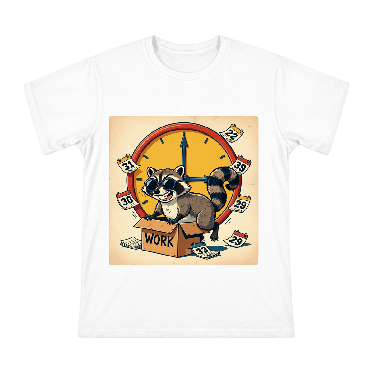 Cool Sunglasses Raccoon Escaping Work Clock Retro Illustration Men's Cotton T-Shirt front [ai-pod:151bba3f1c6539b0eae156810088b4e0]