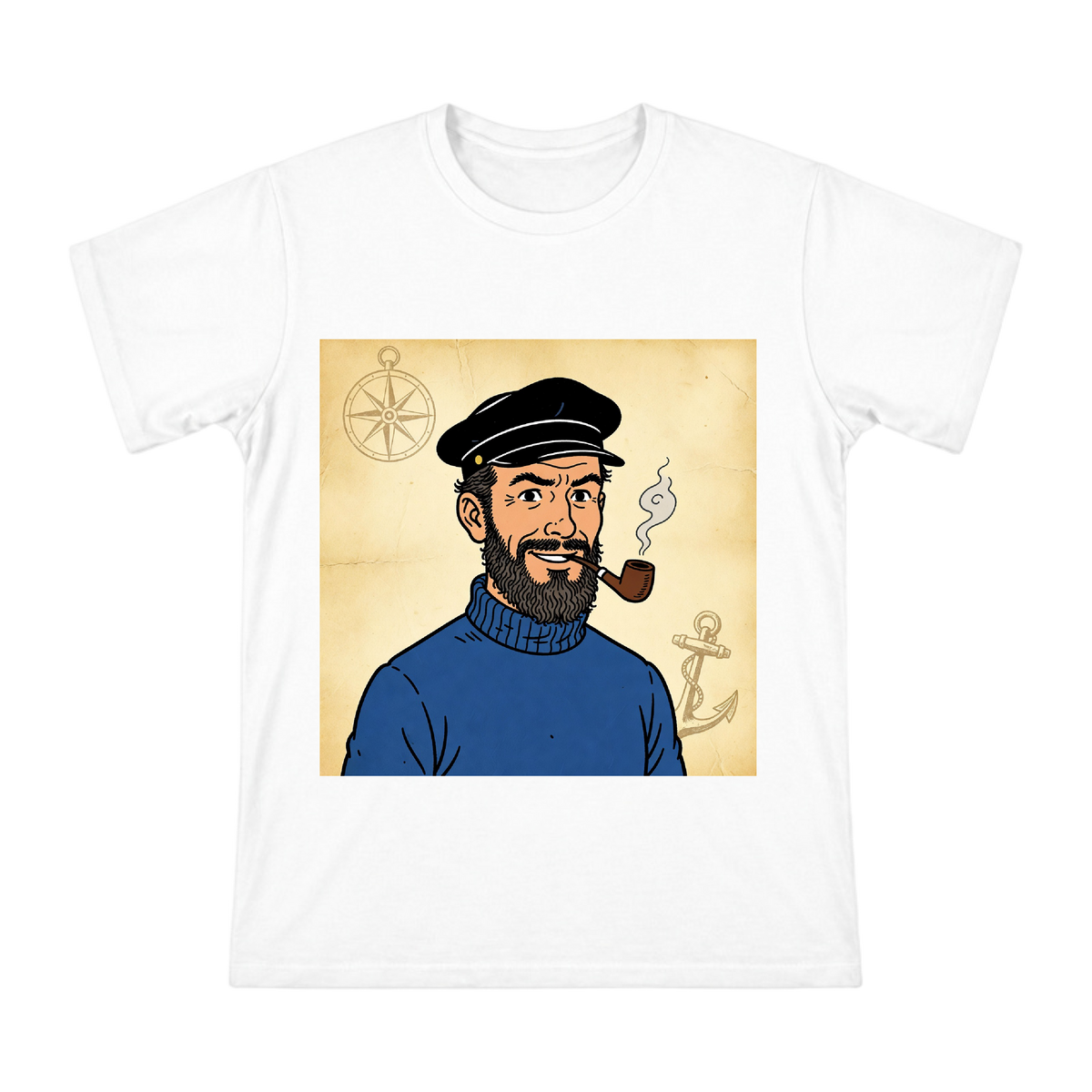 Retro Comic Captain with Pipe, Men's Custom Cotton T-Shirt front [ai-pod:f09bf9a91808e45c3447fe68e105d4d7]