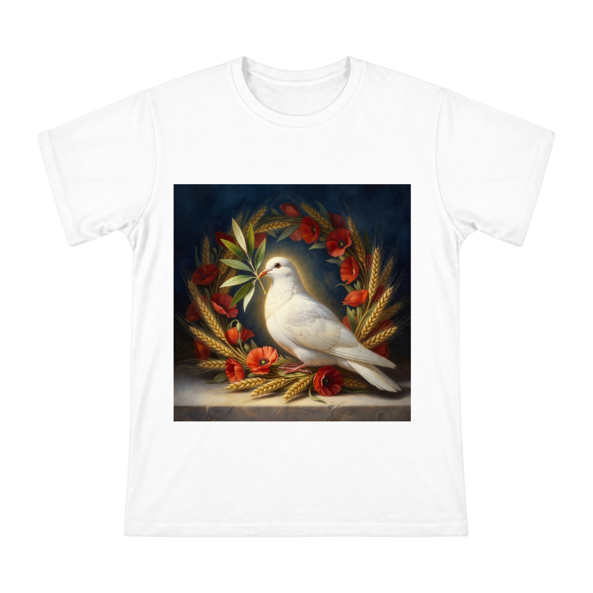 Peaceful Dove with Olive Branch and Poppies Wreath Men's Cotton T-Shirt front [ai-pod:ab44b90d152988f93e282c8305ef0bd2]