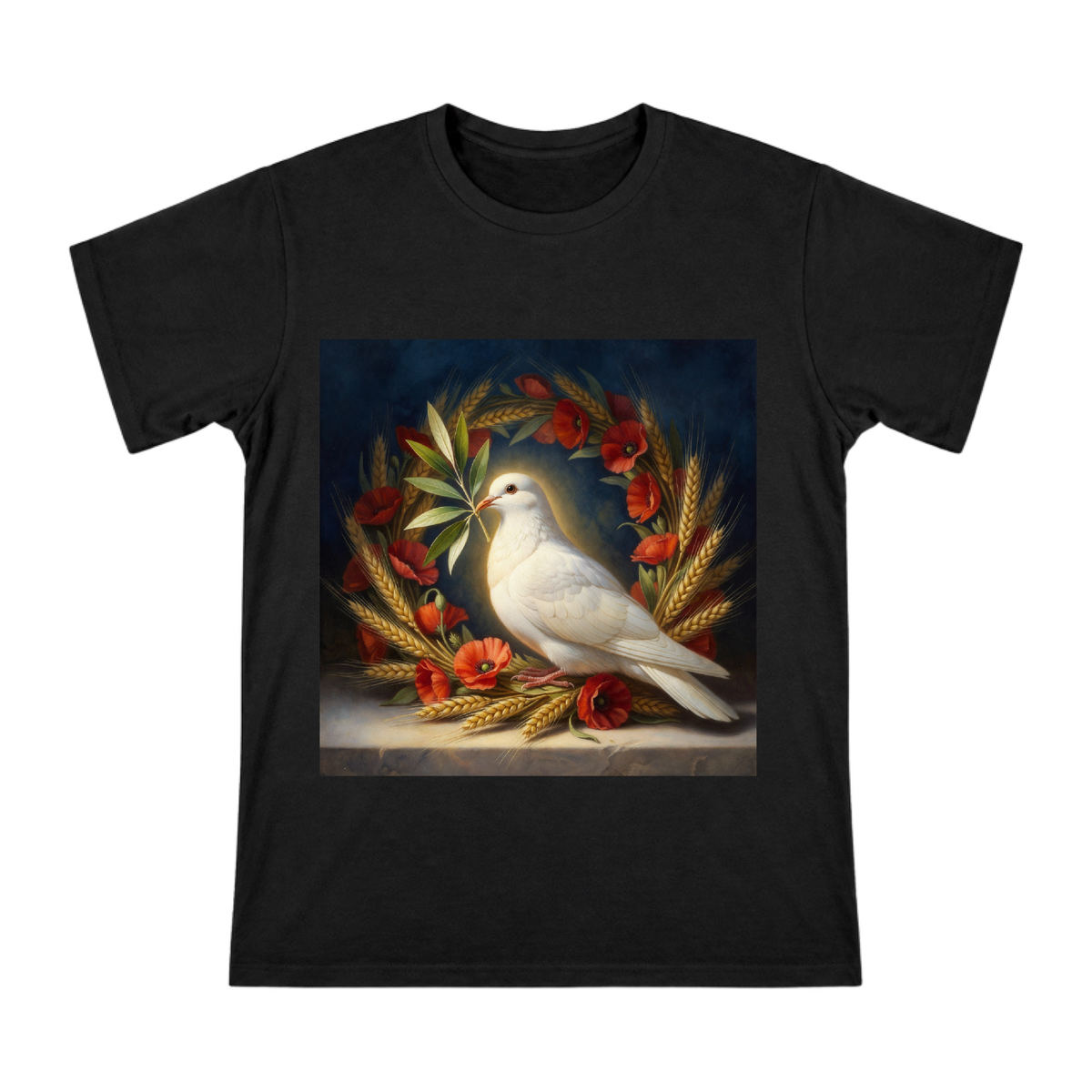 Peaceful Dove with Olive Branch and Poppies Wreath Men's Cotton T-Shirt front [ai-pod:387168ce089acb2b5c3bdbb45fb43549]