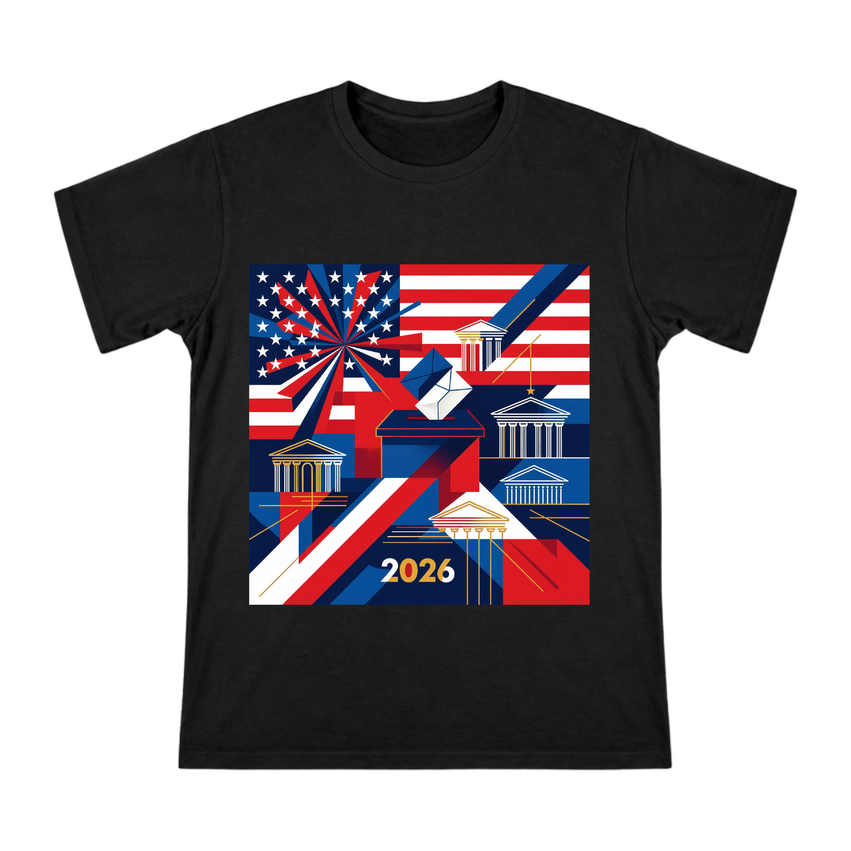 2026 US Midterm Election Geometric Star-Spangled Voting Box Vector Art Men's Short Sleeve T-Shirt front [ai-pod:7525cc6f6a4a561328c4fb025f898dcf]